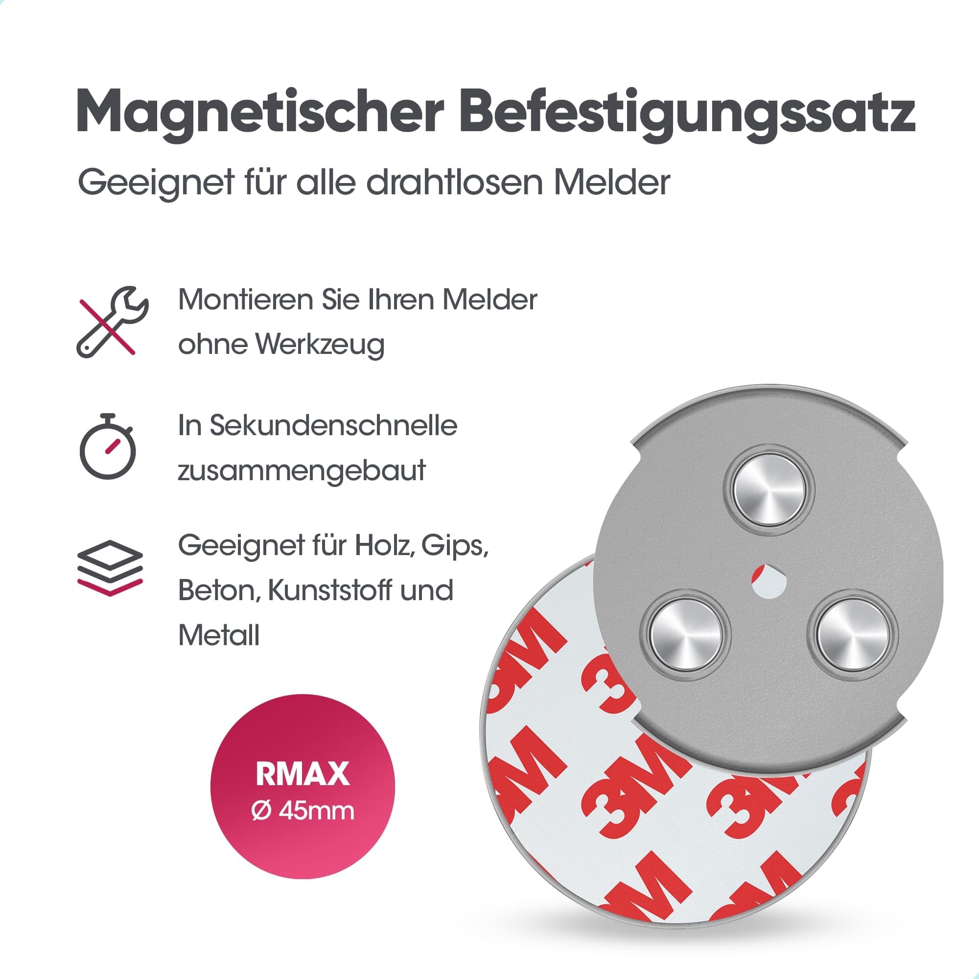 SAVS RMAX-45 Magnethalterung Rauchmelder Magnethalter 45mm - 10 Stück Set - Magnetbefestigung für Feuermelder - Brandmelder Magnetplatten Halterung - Magnet Befestigung Selbstklebend mit Klebepads | 10 selbstklebende Magnethalterungen mit 45 mm Durchmesse