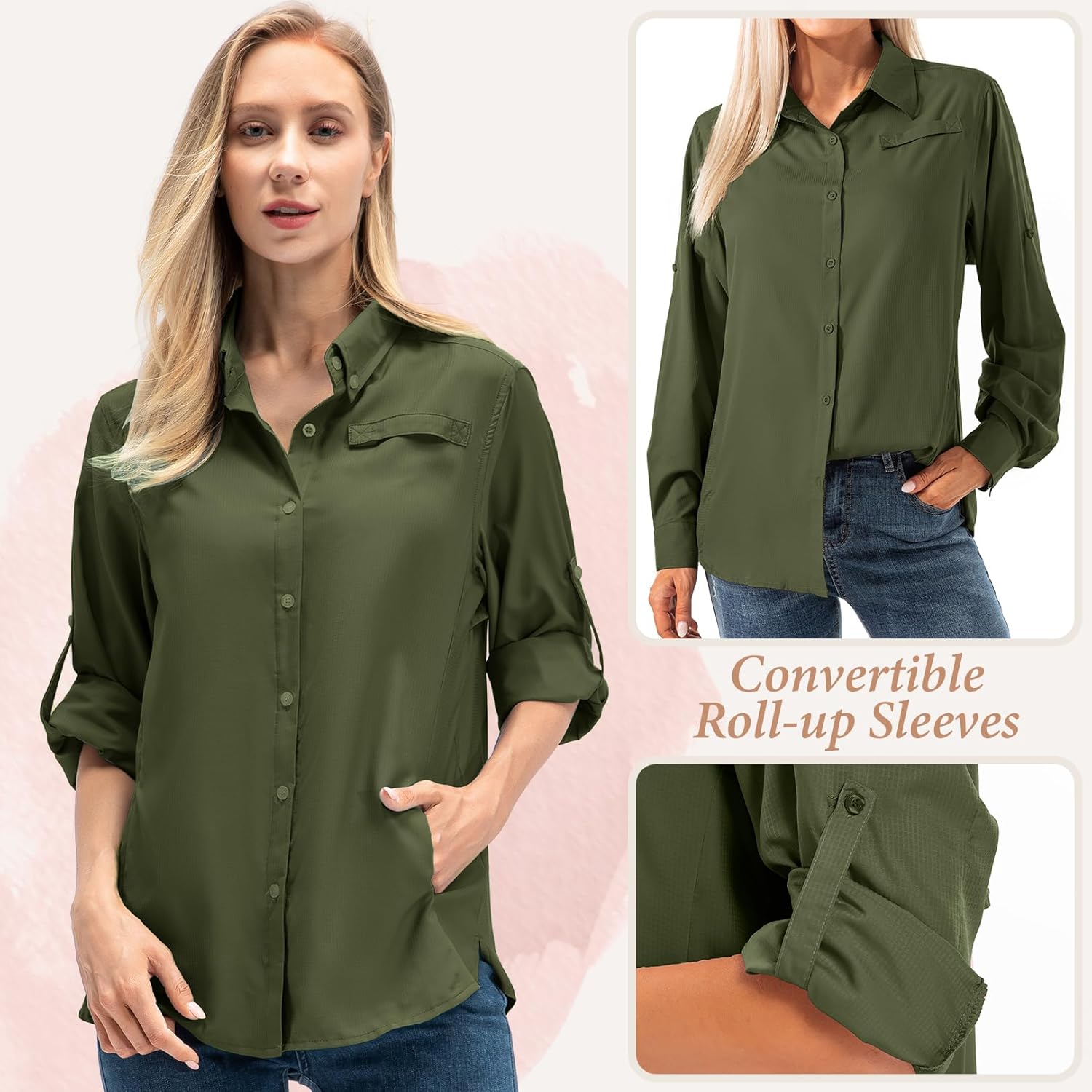 Women's Quick Dry Sun UV Protection Convertible Long Sleeve Shirts for Hiking Camping Fishing Sailing (5024 Army Green XXL) - Image 3