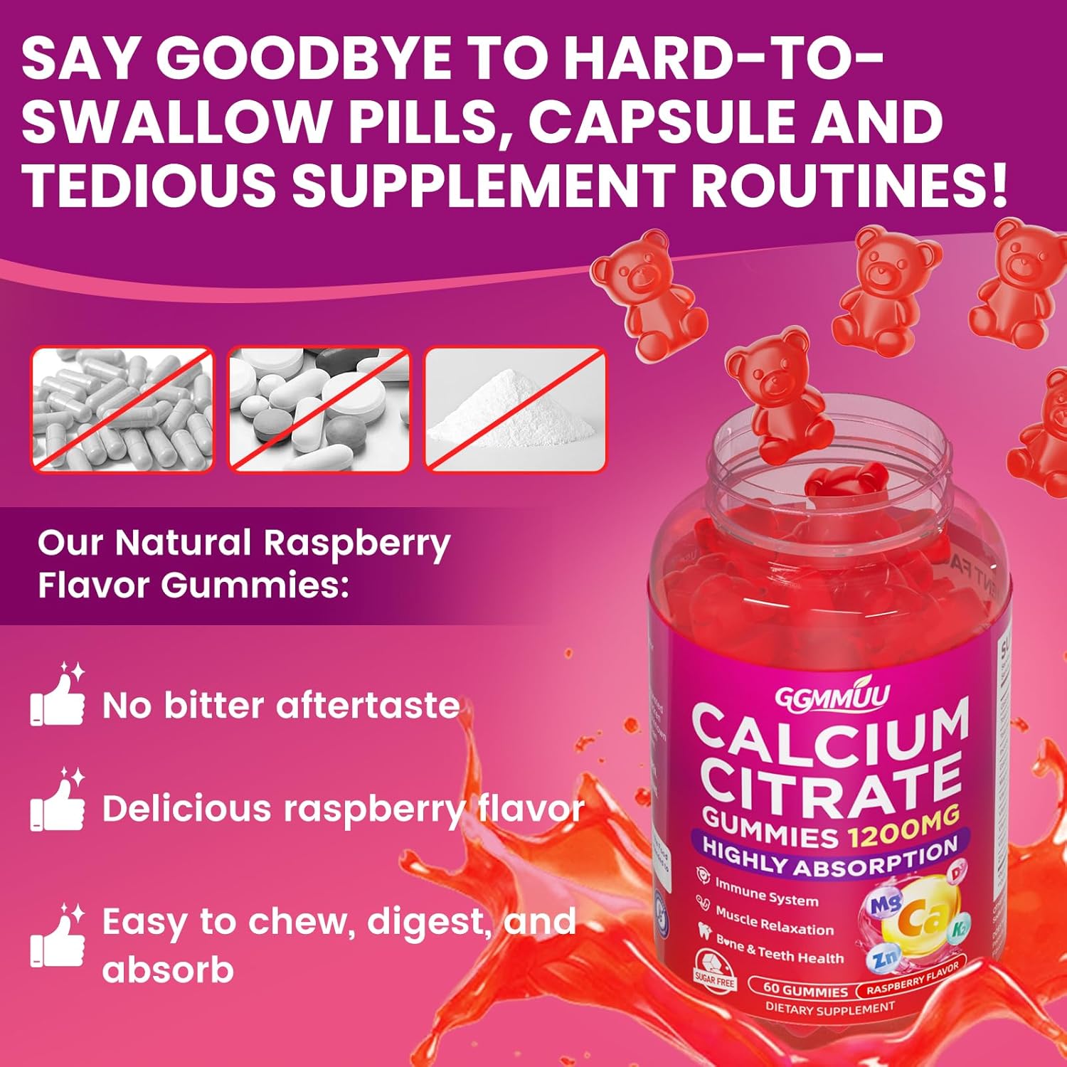 Calcium Citrate Gummies 1200mg, High Absorption Calcium Supplements for Women & Men, Sugar Free Calcium Gummies for B0ne, Muscle & Immune Support, Non-GMO, Vegan, Raspberry Flavor, 60 Count - Image 6