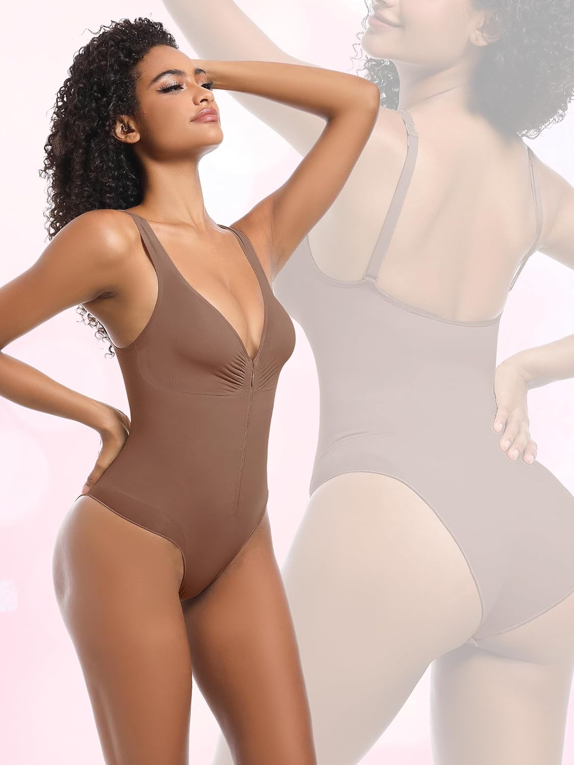 Atbuty Shapewear Bodysuit Tummy Control Zip Front Brief Short Torso Deep V U Plunge Body Suit - Image 2
