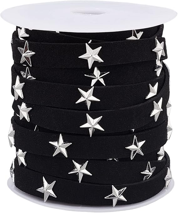 PH PandaHall 10 Yards Flat Faux Suede Ribbon Black Faux Leather Lace with Star Rivet 10mm Studded Faux Suede Cord with Star Rivet for Punk Rock Jewelry Making Tassel Macrame Dress Bag Decor