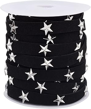 PH PandaHall 10 Yards Flat Faux Suede Ribbon Black Faux Leather Lace with Star Rivet 10mm Studded Faux Suede Cord with Star Rivet for Punk Rock Jewelry Making Tassel Macrame Dress Bag Decor