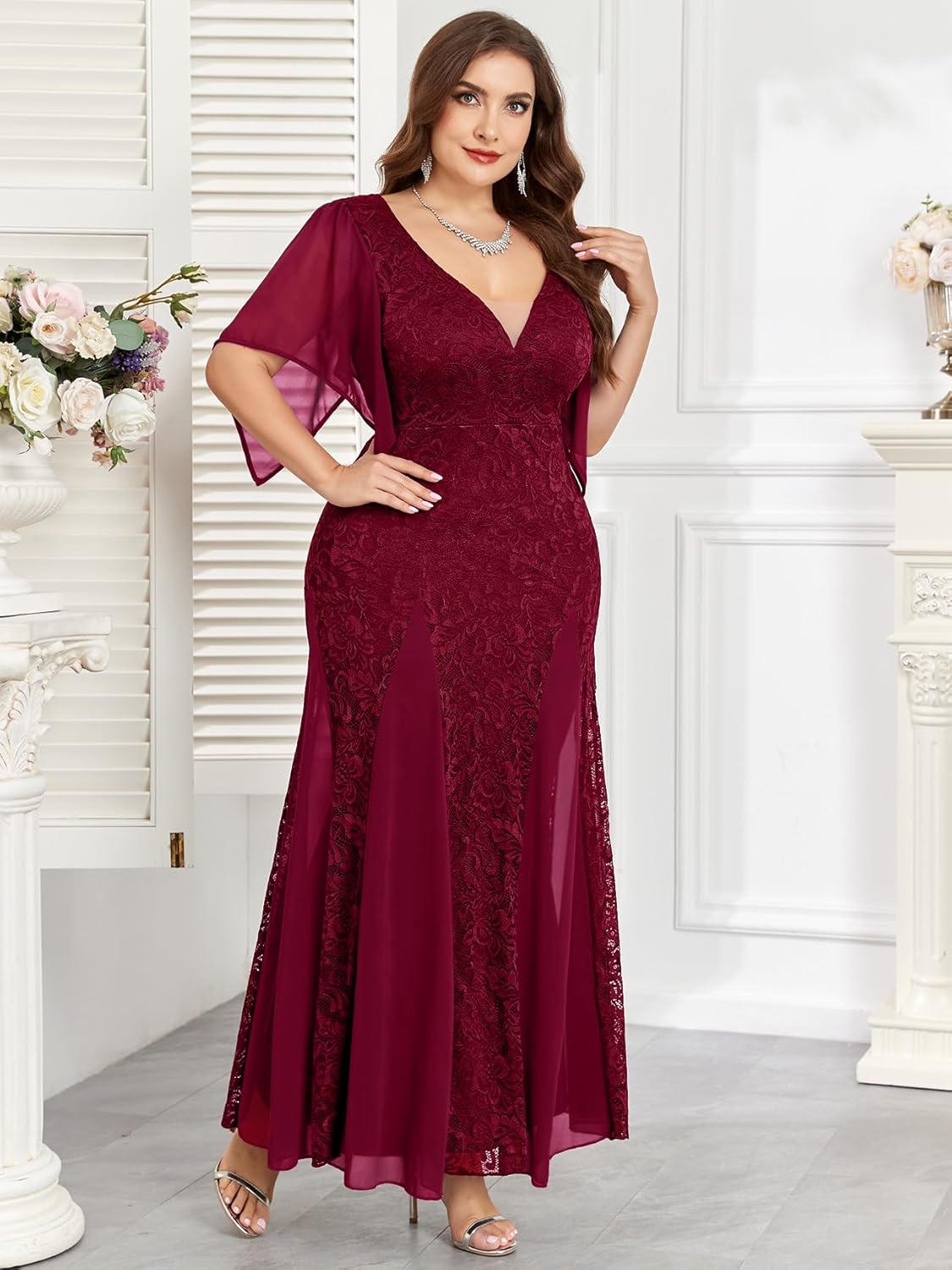 Plus Size Wedding Guest Dress Chiffon Lace Evening Gown with Handkerchief Sleeves Cocktail Party Maxi Dress - Image 2