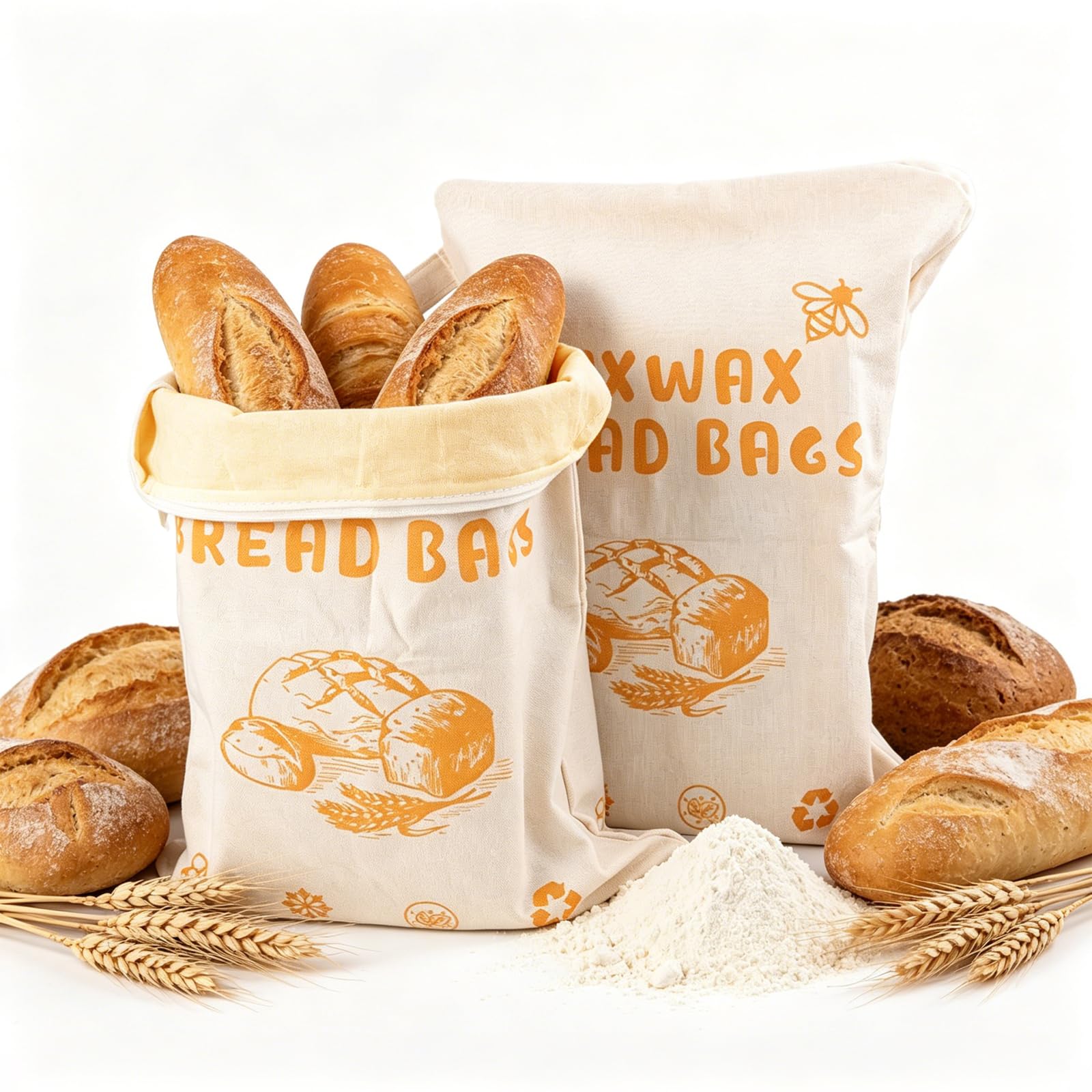 Lot de 2 sacs à pain en cire d'abeille avec ouverture en forme de L, 43 x 33 cm, sacs de rangement réutilisables en coton, faciles à remplir et à nettoyer, parfaits pour le pain au levain et fait