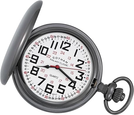 Gotham Mens Gunmetal Railroad Polished Finish Covered Quartz Pocket Watch # GWC15044B