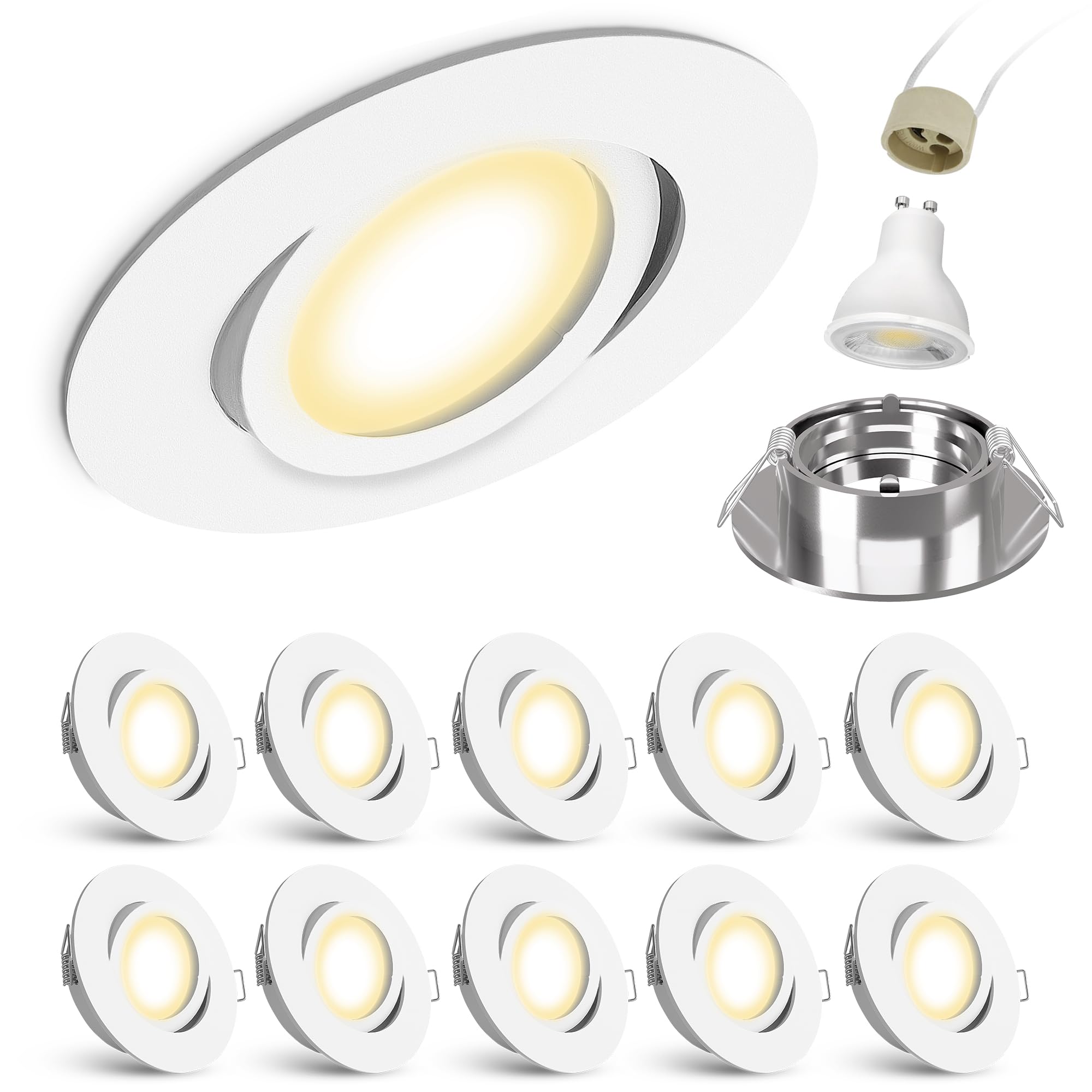 linovum 10er Set LED Decken Einbauleuchte schwenkbar rund in weiß - inkl. LED GU10 2W warmweiss - Deckenspot Einbaustrahler 10 Stück