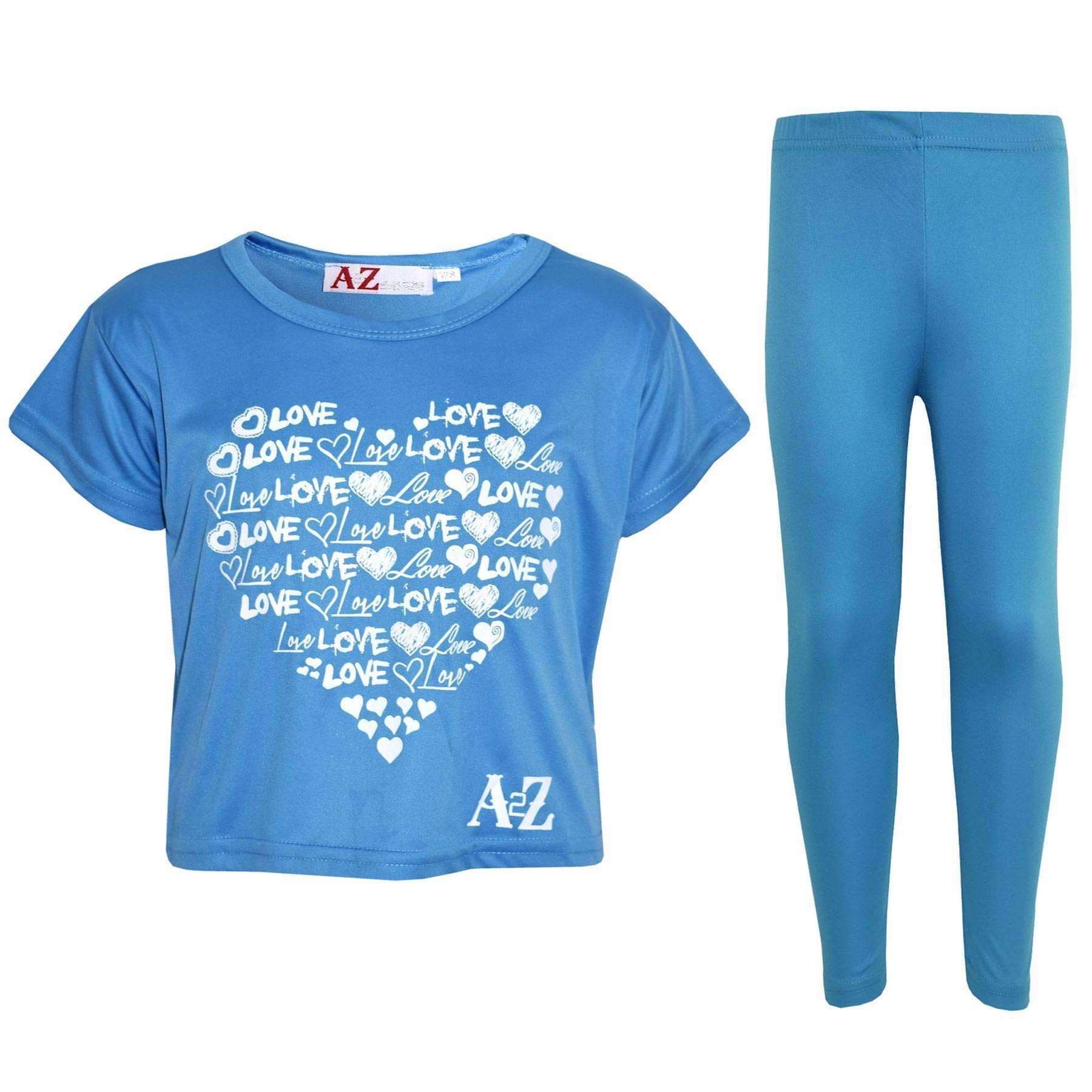 A2z 4 Kids Girls Turquoise Love T Shirt Legging Set Soft Feel Comfortable - New Crop Top Love Legging Turq 11-12