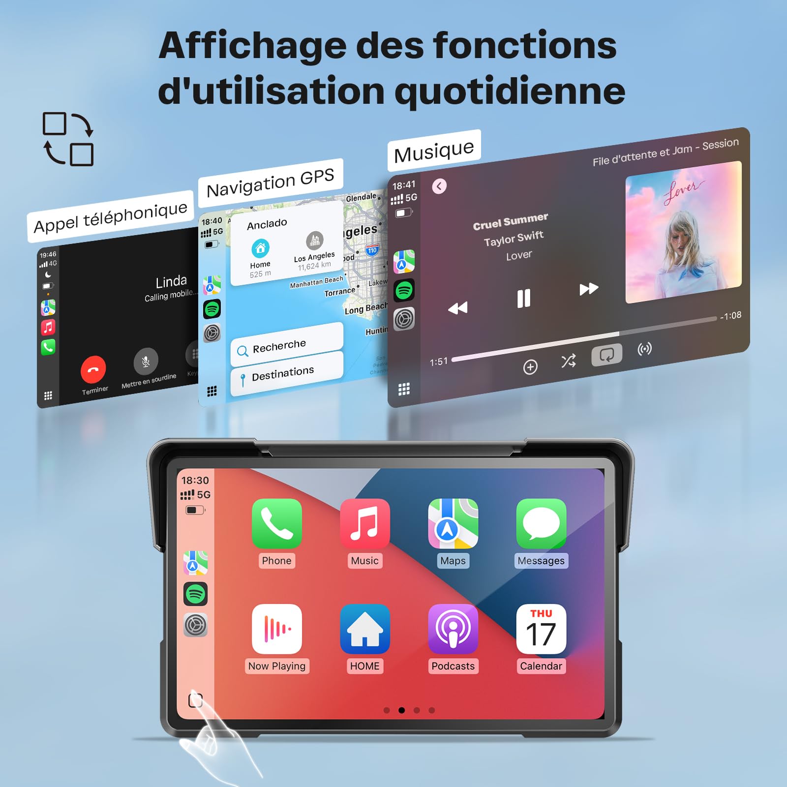WonVon CarPlay 7 Pouces Système de Navigation GPS pour Moto avec Apple CarPlay et Android Auto écran Portable avec Double Bluetooth, Navigation, Siri, Google Assistant Support magnétique
