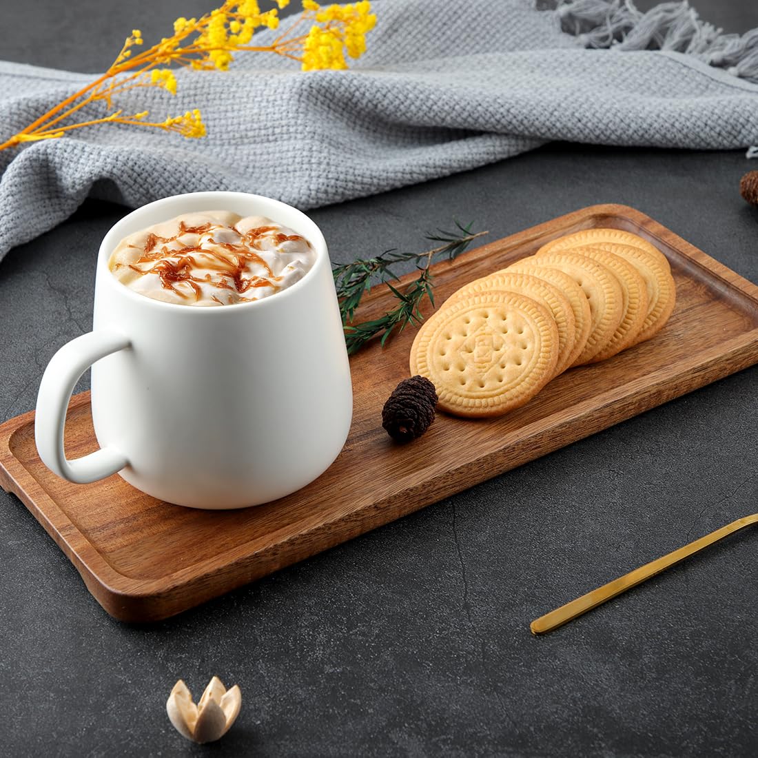 Tablett Holz 30x12 cm 3er Set, Dekotablett aus Akazienholz, Serviertablett Klein Holz Tablett, Holztablett Deko Rechteckig, Deko-Tabletts für Dessert Kosmetik Schmuck Kerzen