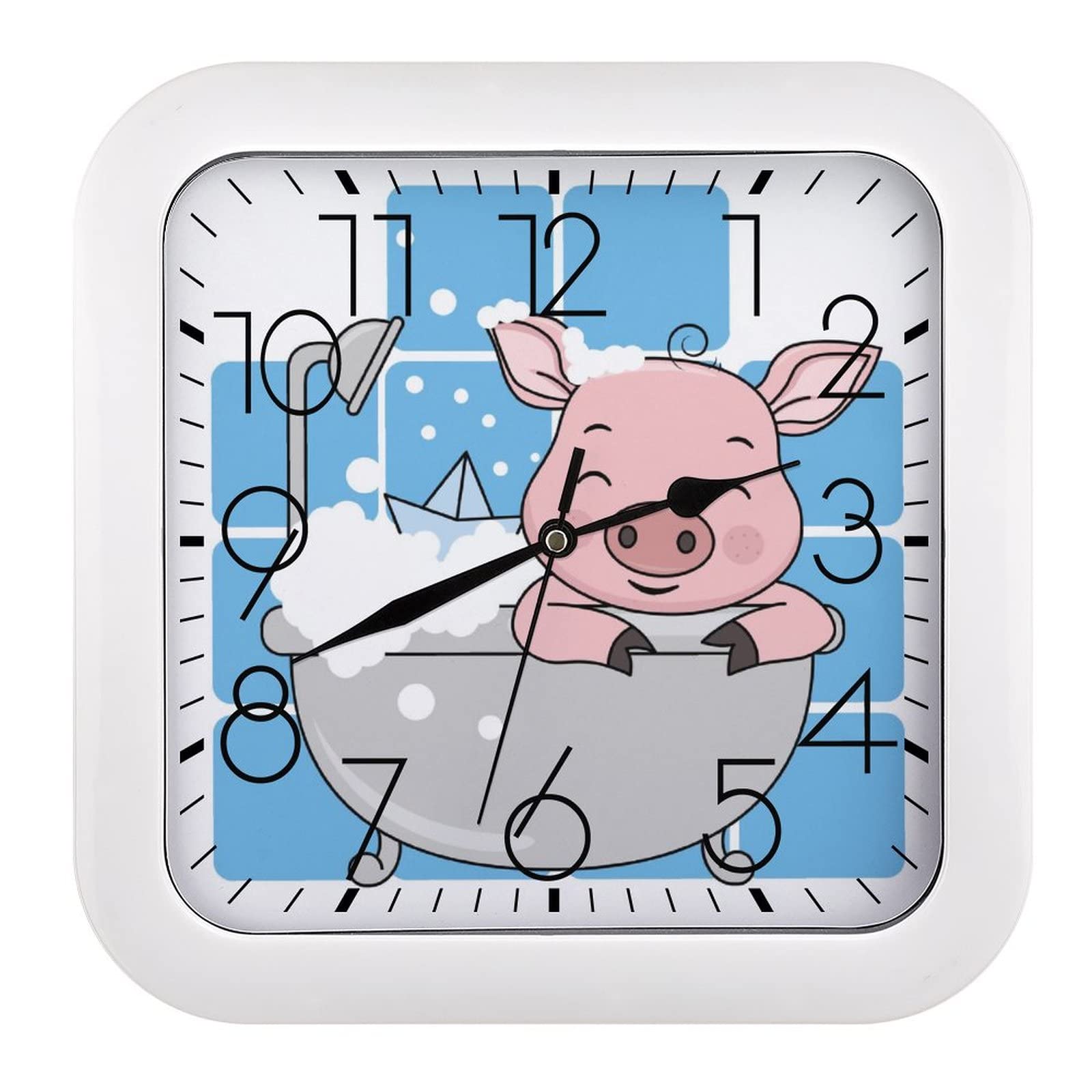 Horloge murale cochon motif bain carrée grands chiffres 26cm