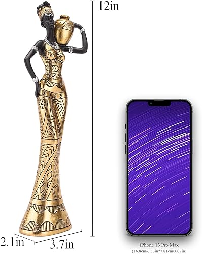 Miniatura 2 de BRABUD Estatua de mujer tribal africana de 12 pulgadas de alto, negro para dama, niña, sosteniendo, frasco, vestimenta, escultura, coleccionable,