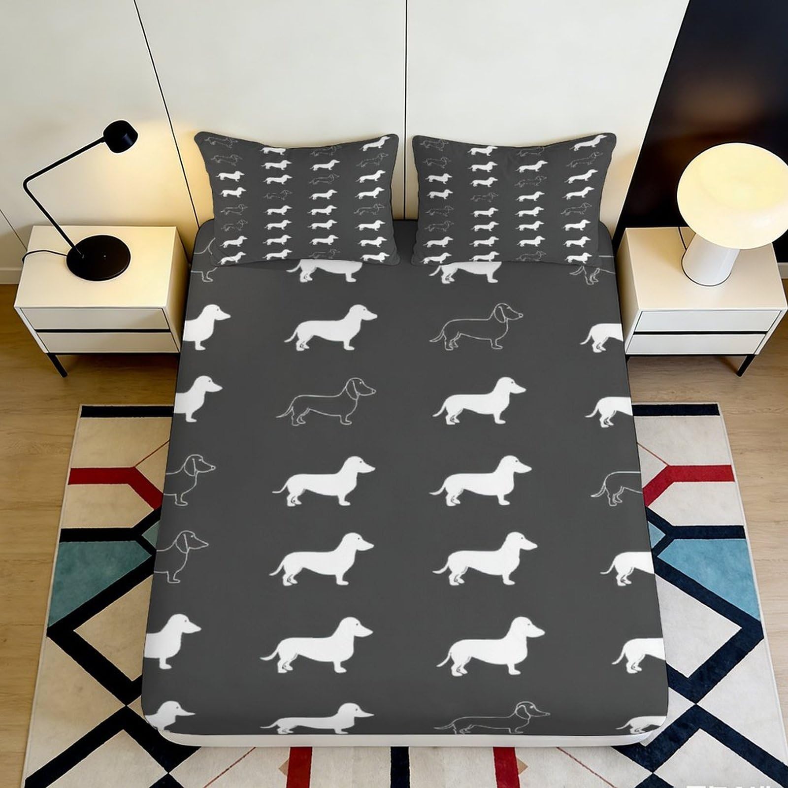 3D Printed Dachshund Dog Pattern Fitted Sheet Microfiber Black Bed Cover for Bedroom Guest Room Protection Decor 90x200x25cm