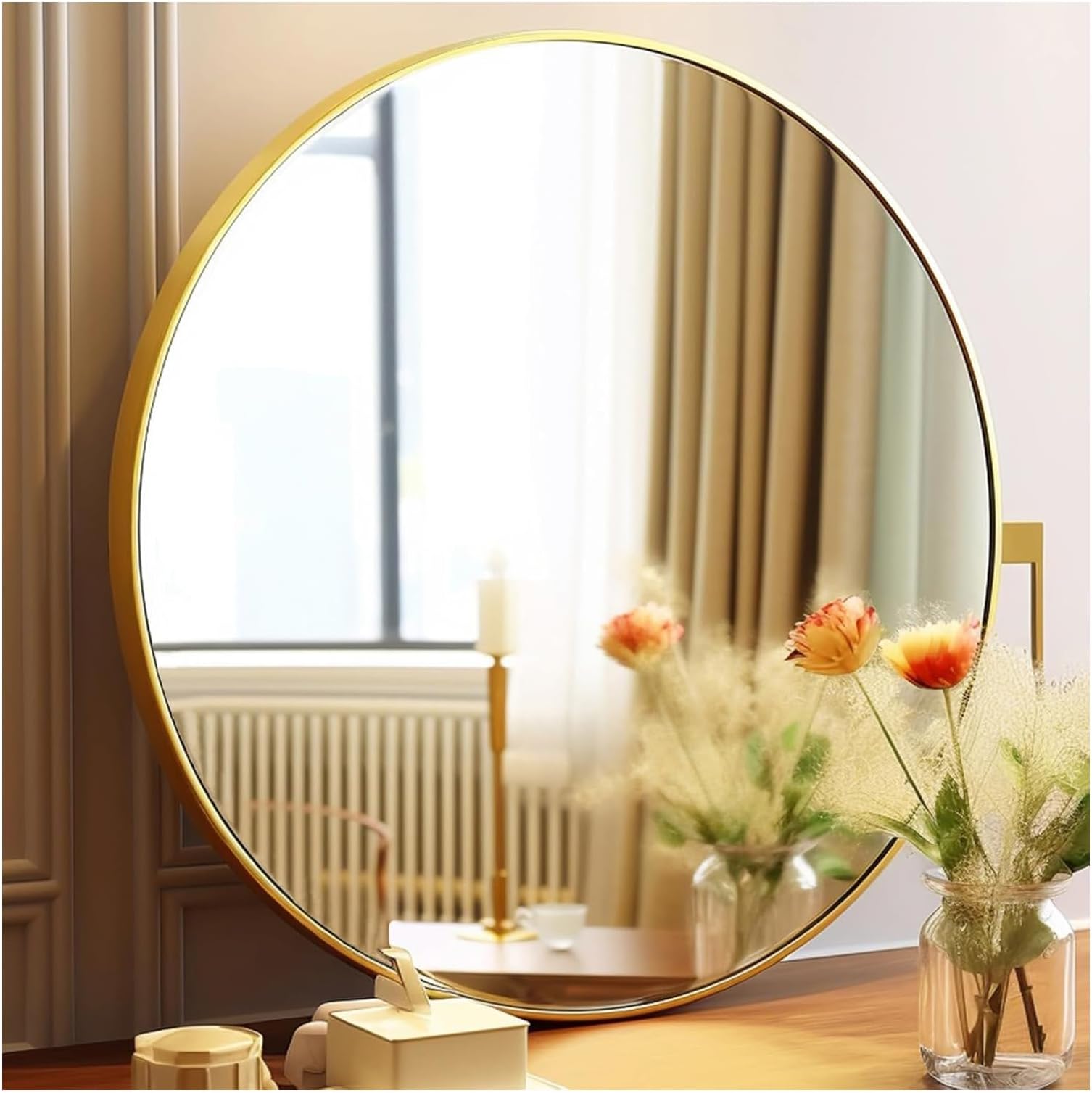 WEKOTEE Gold Round Mirror 24 inch, Bathroom Wall Mirror Metal Frame, Circle Mirrors for Bathroom, Vanity, Bedroom, Hallway