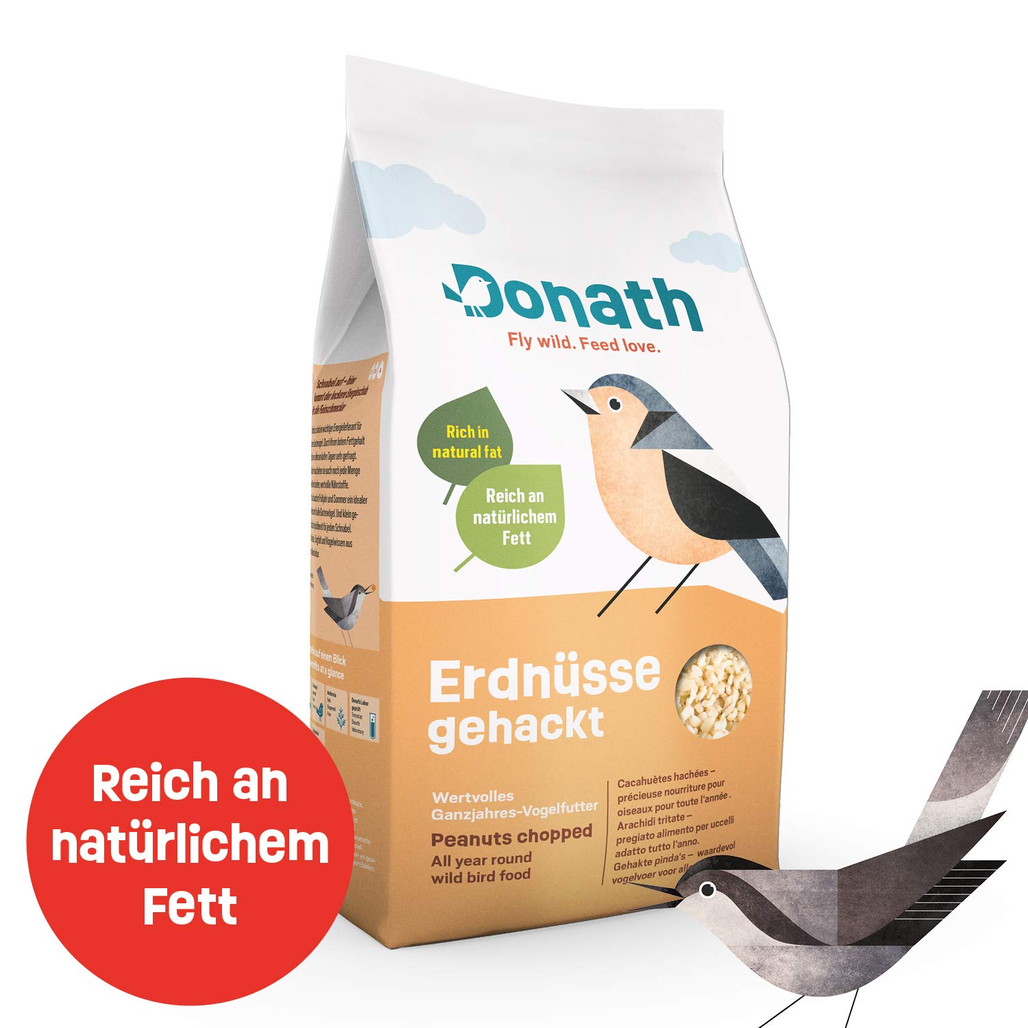 Donath Orzeszki ziemne siekane – bogate w naturalny tłuszcz – cenna całoroczna karma dla dzikich ptaków – z naszej fabryki w południowych Niemczech – 2 kg
