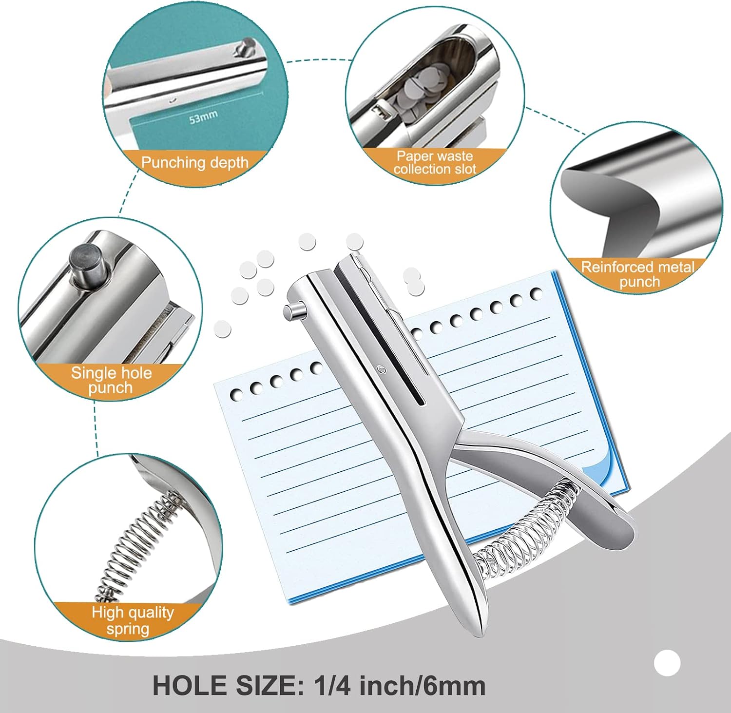 Single Hole Punch 2 Inch Reach Deep Throat Heavy Duty Tab Zinc Alloy Silver Long 1/4 Inch Hand Held Leather Punch for Scrapbook Paper ID Card PVC Badge Photos thumbnail