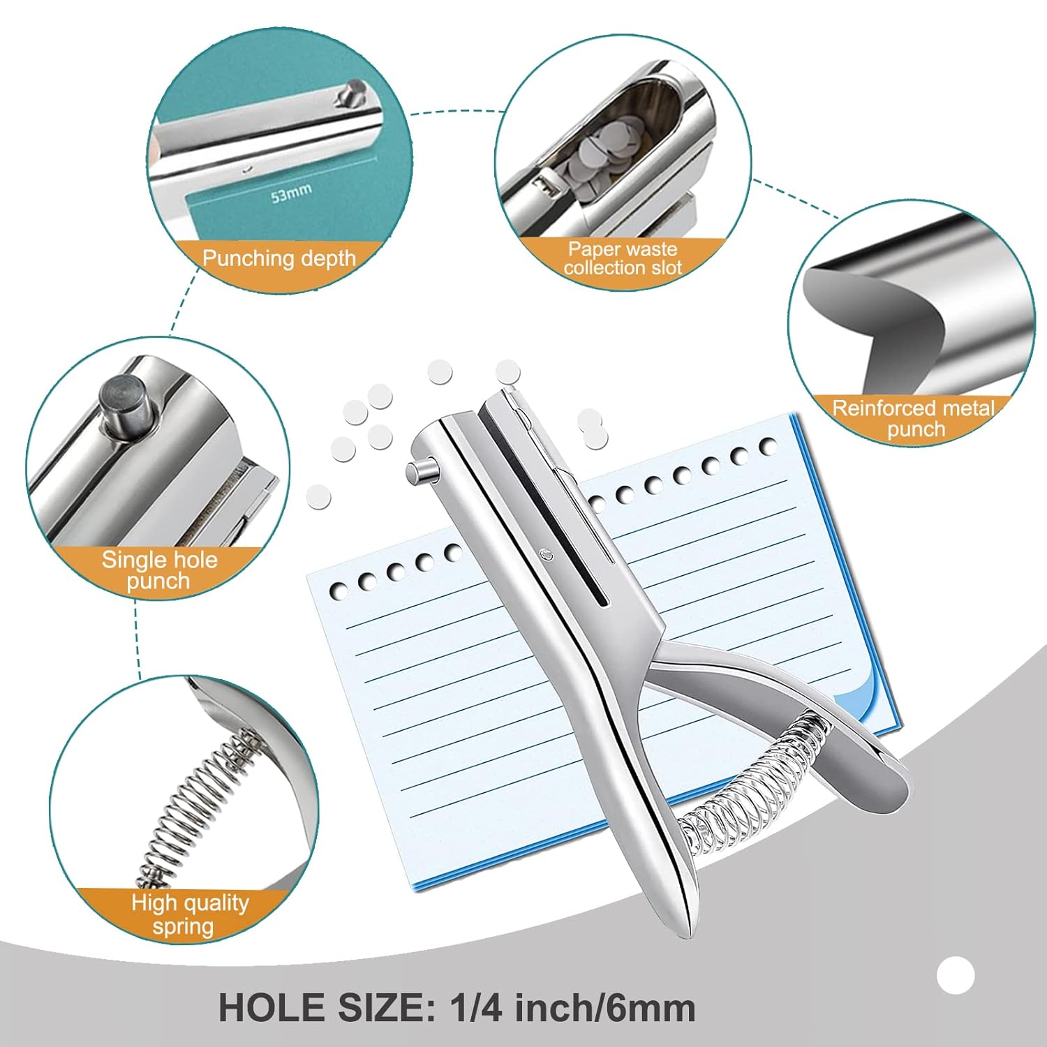 Single Hole Punch 2 Inch Reach Deep Throat Heavy Duty Hole Punch Tab Zinc Alloy Silver Long Hole Punch 1/4 Inch Hole Hand Held Leather Hole Punch for Scrapbook Tab Paper ID Card PVC Card Badge Photos : Tools & Home Improvement