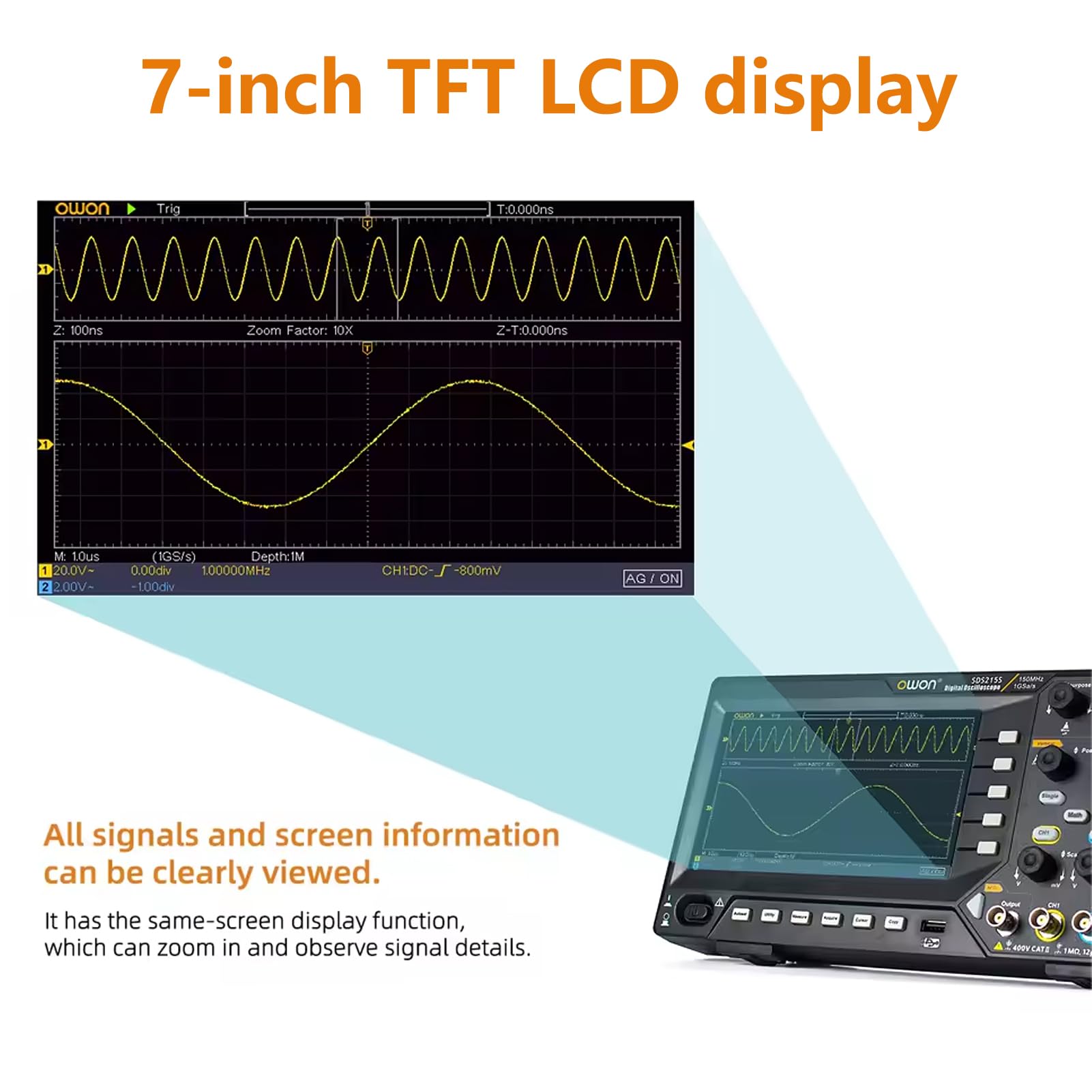 OWON SDS210S Osciloscopio digital 100 ancho de banda 2 canales 25 MHz forma de onda aleatoria 1 GS/s FFT+ 25MHz Generador de señal de 14 bits