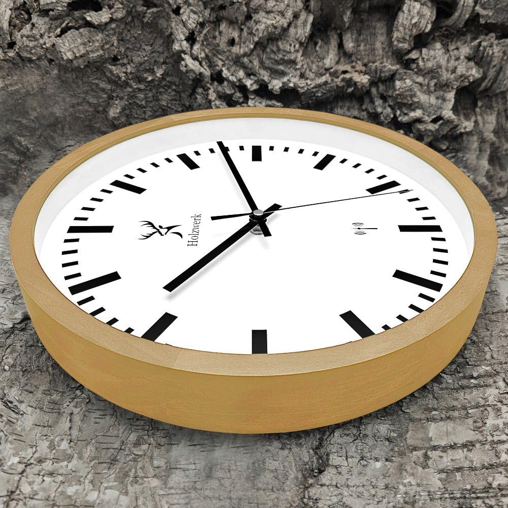 Holzwerk Germany Natur Funkwanduhr Funk Wanduhr Holz-Uhr Retro Vintage Funkuhr lautloses Uhrwerk ohne Tickgeräusche Braun Weiß Massive Buche lautlos aus handgefertigtem Massivholz Natur Holz 30 cm