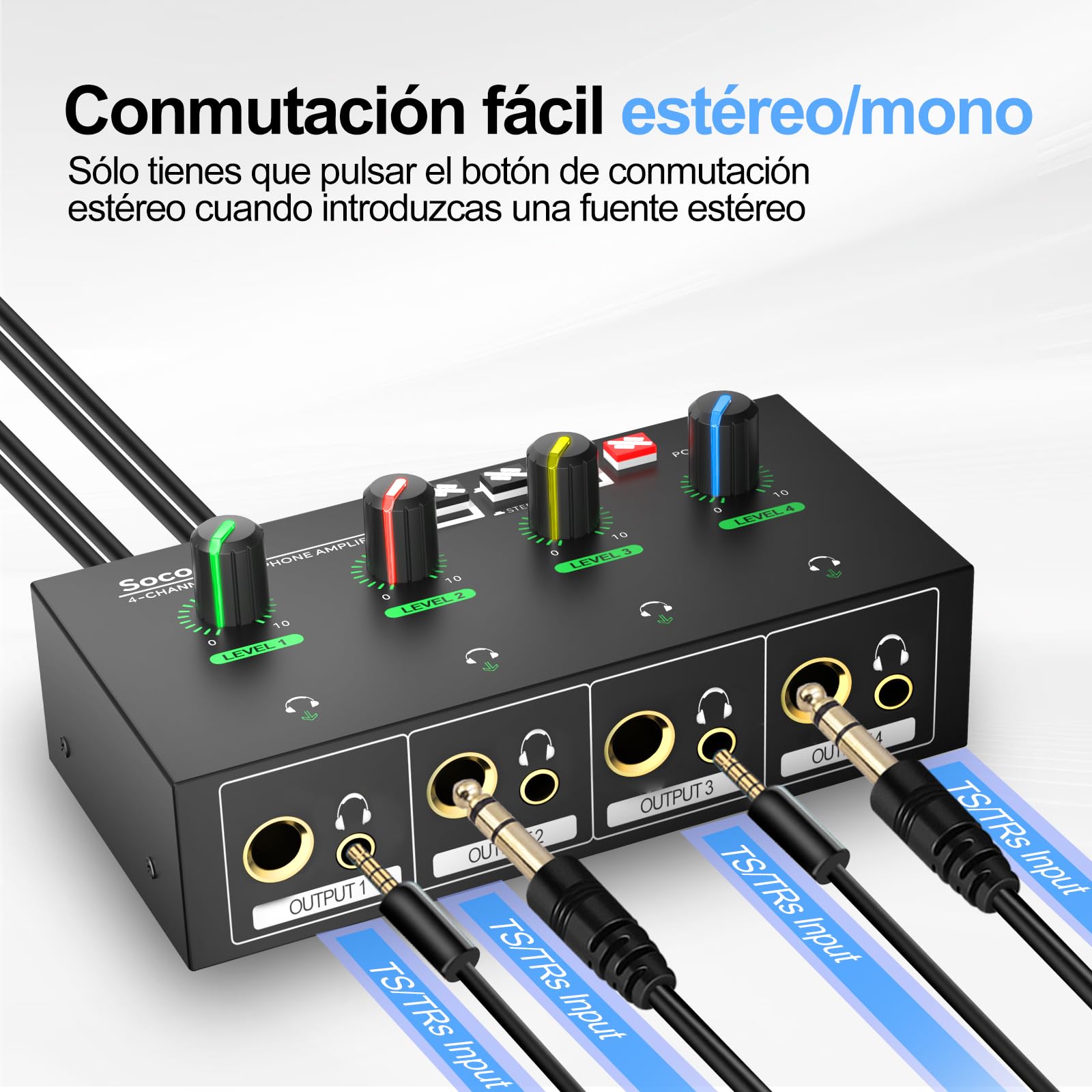 Amplificador de Auriculares de 4 Canales con Jacks de 3,5 mm/6,35 mm/RCA, Divisor de Auriculares de Metal con 8 Puertos de Salida para Auriculares, Compacto con Interruptor estéreo y luz RGB
