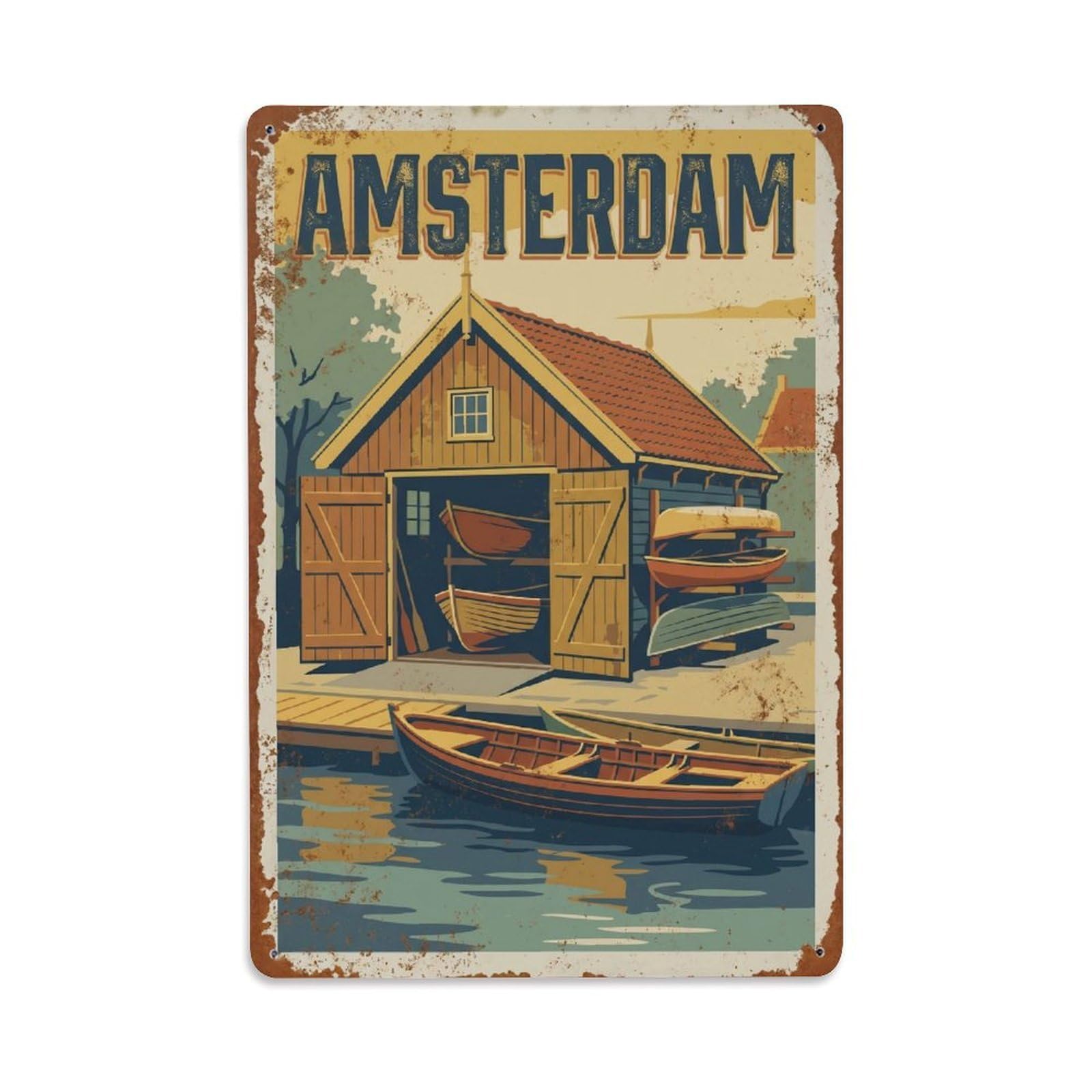 Okngb Style Canal Waterfront Vintage Amsterdam Tourism Quay Harbor Metal Tin Sign Plaque Wall Decor For Cafe, Man Cave, Club Bar, Office, Home Garden Round Metal Poster 8X12inch