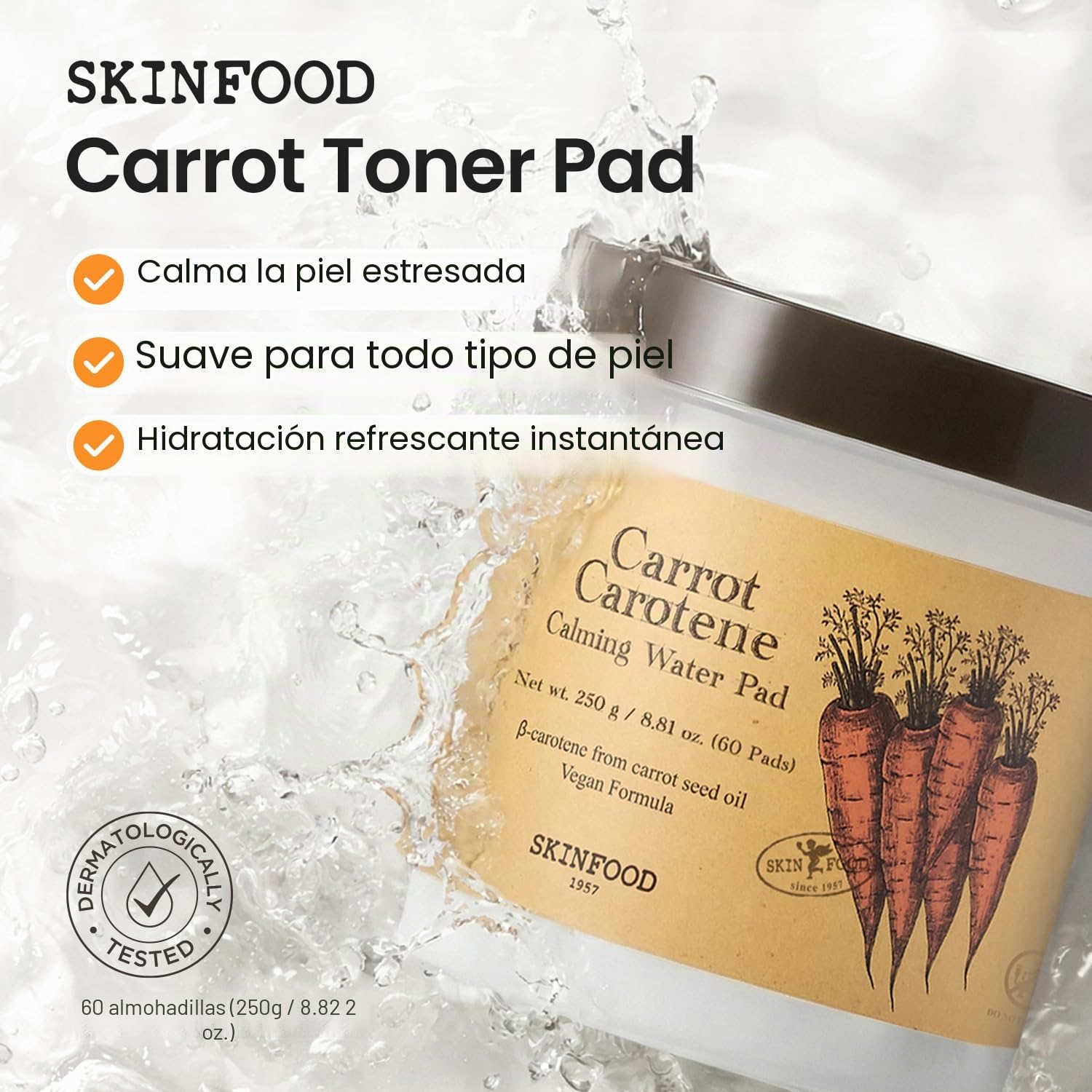 SKIN FOOD since 1957 Almohadilla de agua calmante de zanahoria caroteno 250 g (8.81 oz.) 60 hojas - Alivio del enrojecimiento Almohadillas de algodón faciales calmantes para pieles sensibles