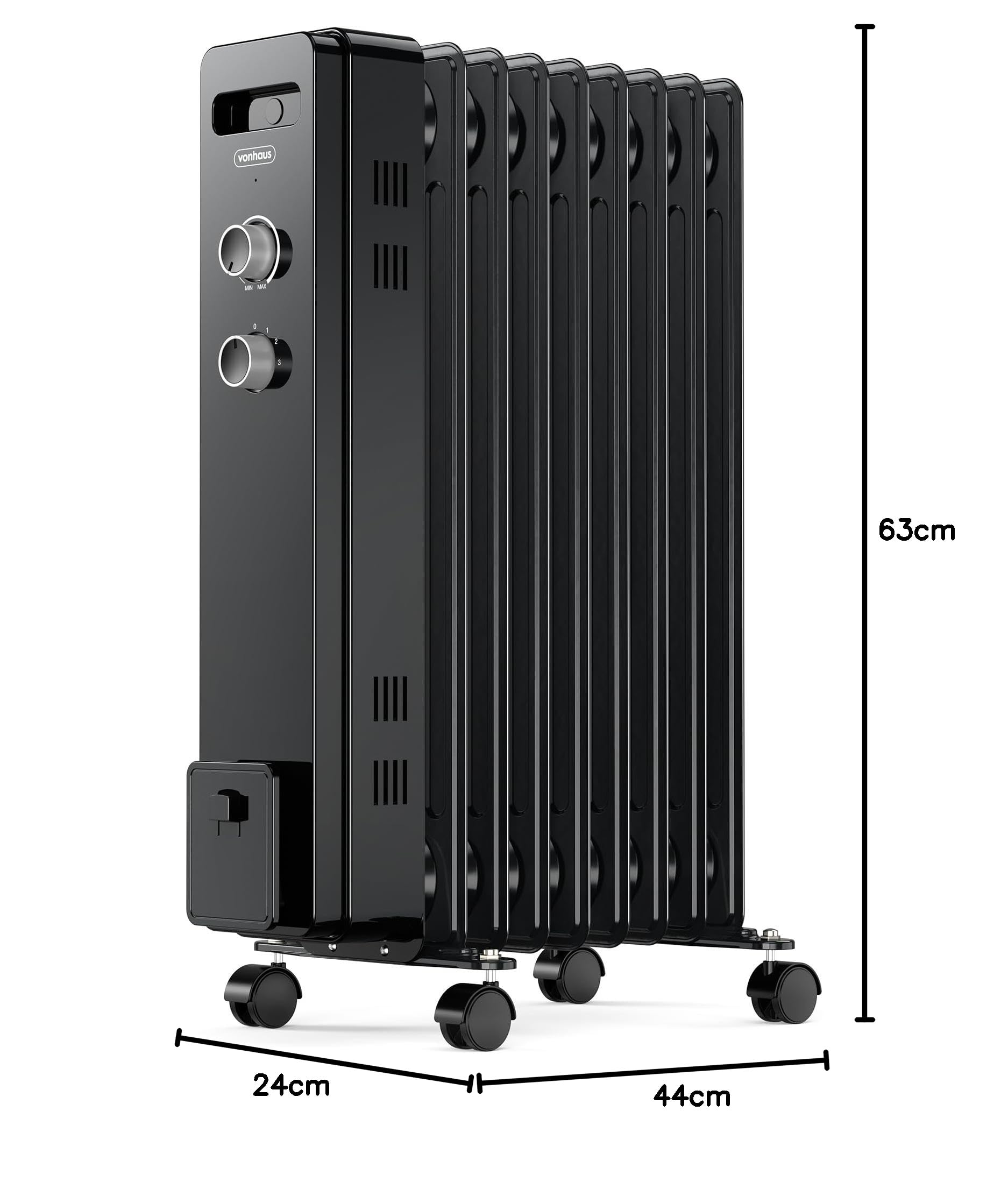 VonHaus Radiateur Bain d'Huile 9 Ailettes, Chauffage Bain d’Huile Électrique Portatif 2000 W, Radiateur Noir, Thermostat Réglable, 3 Réglages de Chauffage, 4 Roulettes, Câble d'Alimentation de 1,5 m