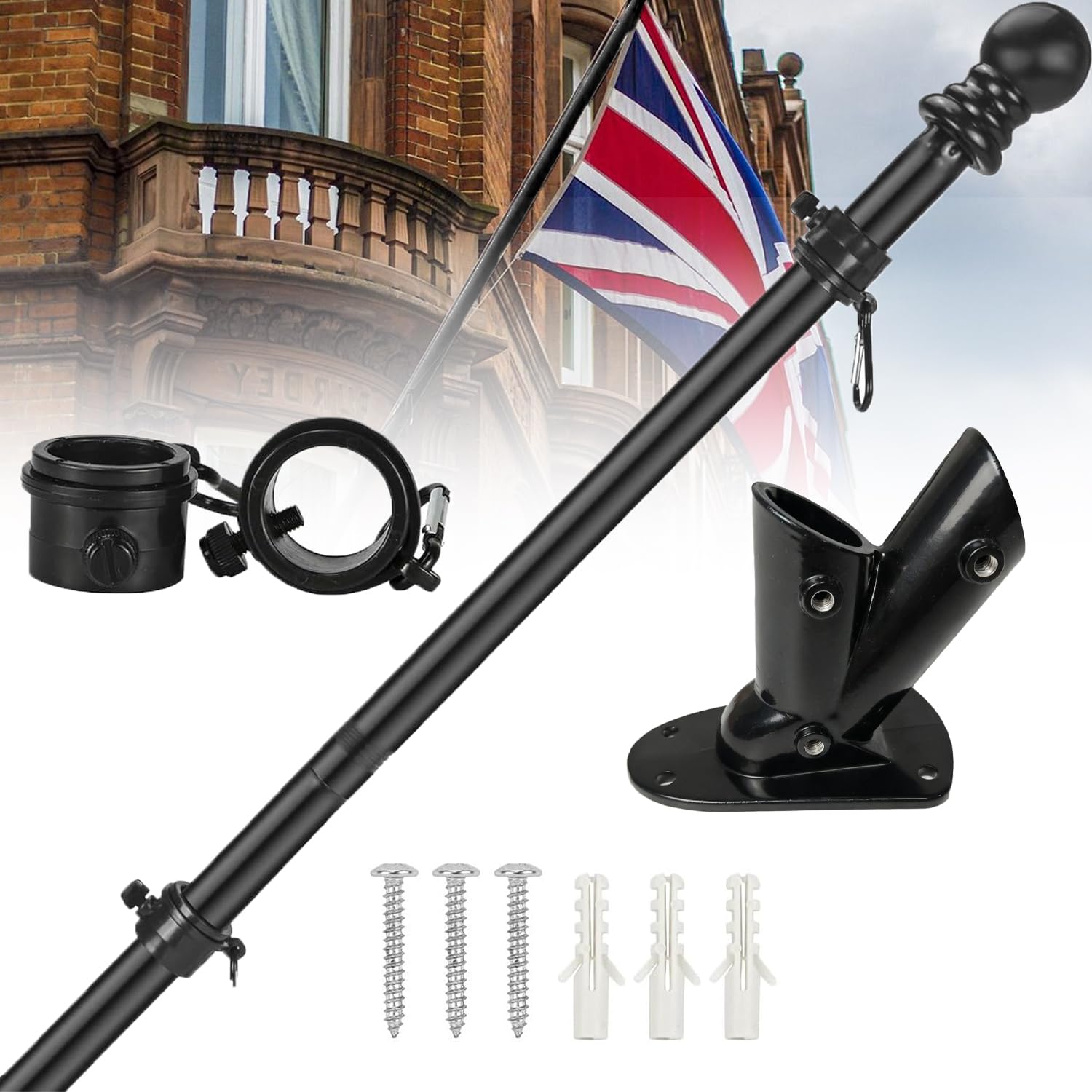 6FT Wall Mounted UK Flagpole Kit Heavy Duty Aluminum, Upgraded Base & Bracket, Outdoor Flag Pole for 5x3 FT Union Flag (No Flag), Ideal for Flag Flying Days, St George’s Day & Remembrance Day