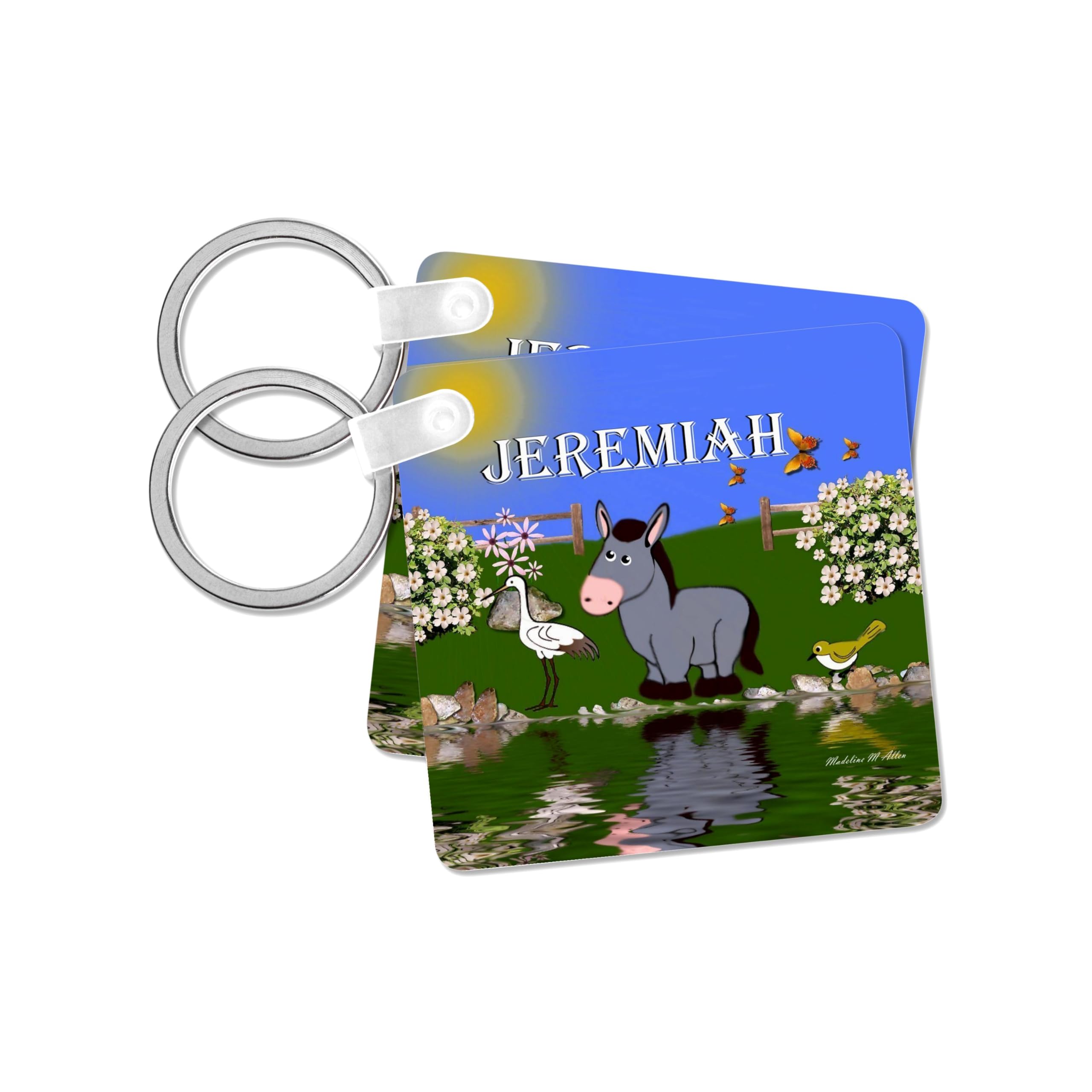 3dRose, Decorative donkey and bird art design for children - personalized with the name Jeremiah, set of 4 Key Chains