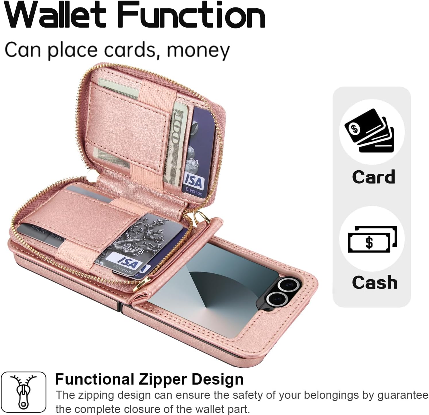 Asuwish Phone Case for Samsung Galaxy Z Flip 6/Z Flip 7 FE 5G Wallet Cell Cover with Wrist Crossbody Strap Stand RFID Blocking Credit Card Holder Slim Slot Z6 G Flip6 ZFlip Flip7 Women Girls Rose Gold