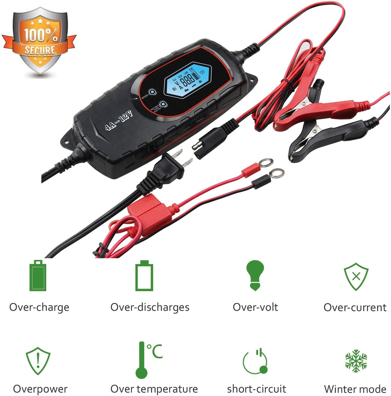 Car Trickle Battery Charger, Battery Maintainer Automatic, 6V 12V Fully Automatic Smart Battery Charger, Trickle Charger Multipurpose Set for Trucks, Motorcycles, Lawn Mower, Scooter