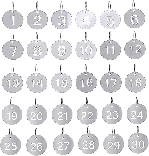 1-30 etiquetas de llave con etiquetas de acero inoxidable, etiquetas numeradas, llavero de metal, etiquetas de verificación de abrigo, etiquetas de
