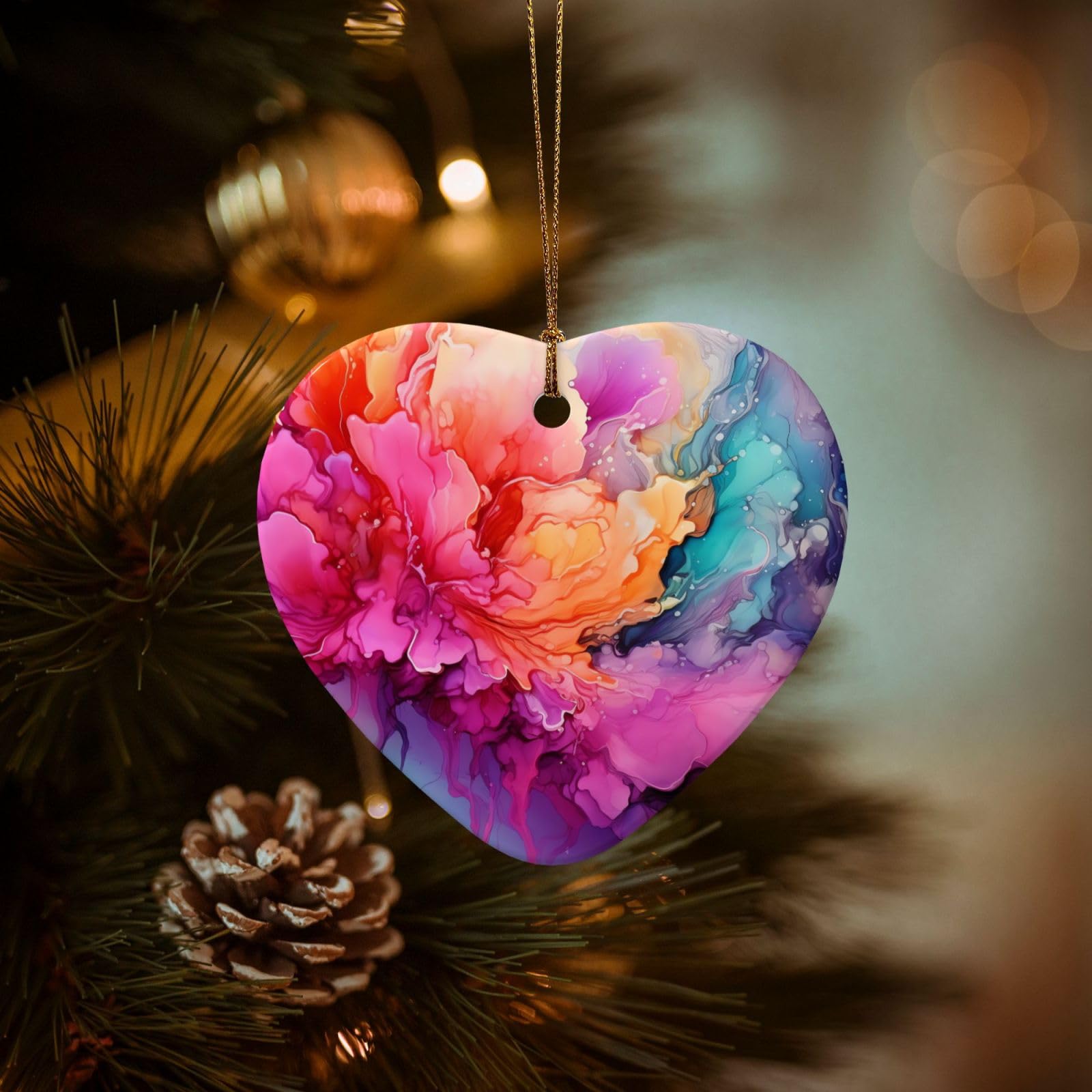 Christmas Tree Ornaments Ceramics Christmas Decorations Colorful Watercolor Painting Ornaments with Gold Ribbon Porcelain Xmas Tree Crafts Heart Shape Hanging Pendant for Christmas Tree Party Decor