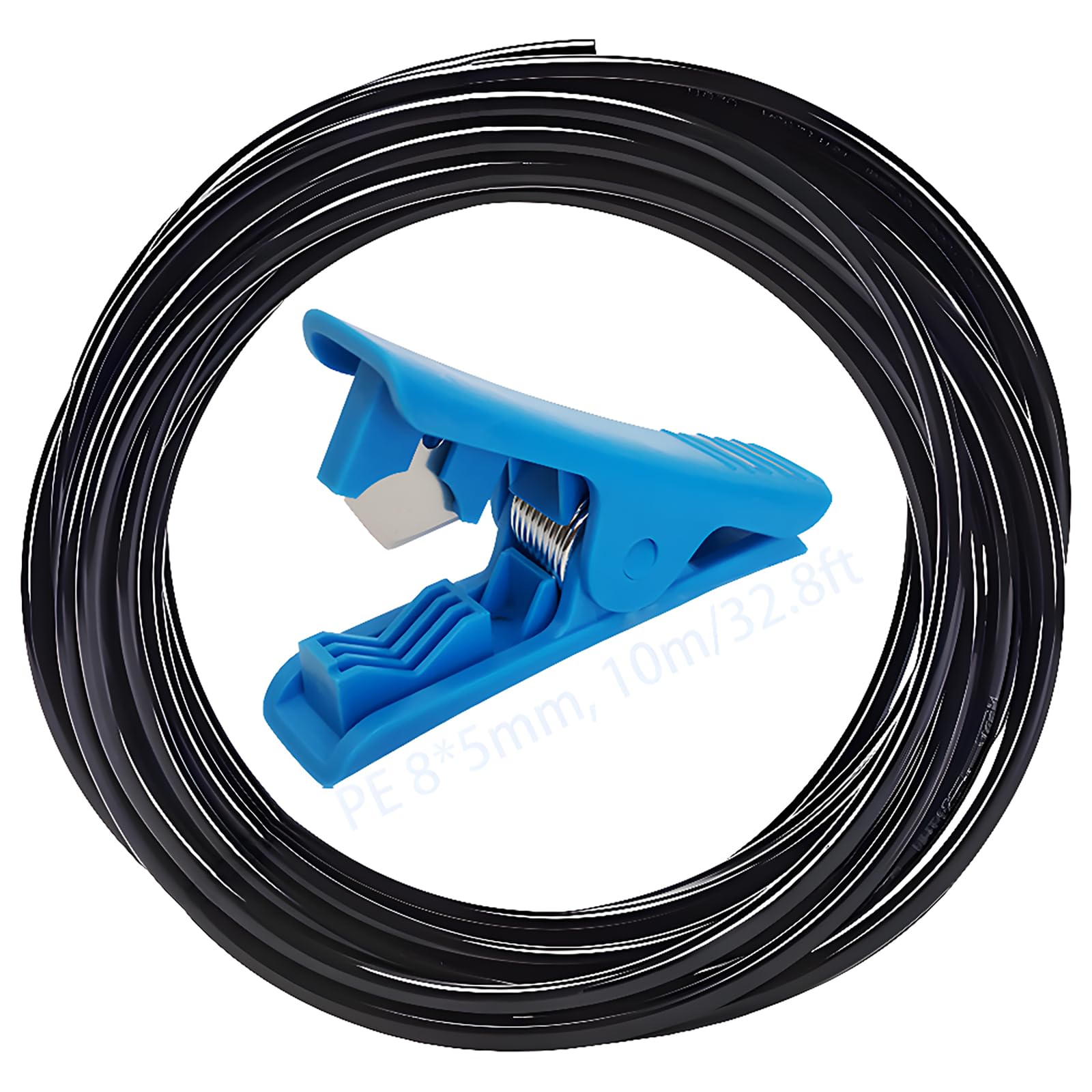CESFONJER Irrigation Water Pipe Tube, PE Garden Watering Hose Black, Drip Irrigation Tubing OD 8mm x ID 5mm with Blue Pipe Cutter for Drip Irrigation System (10M)
