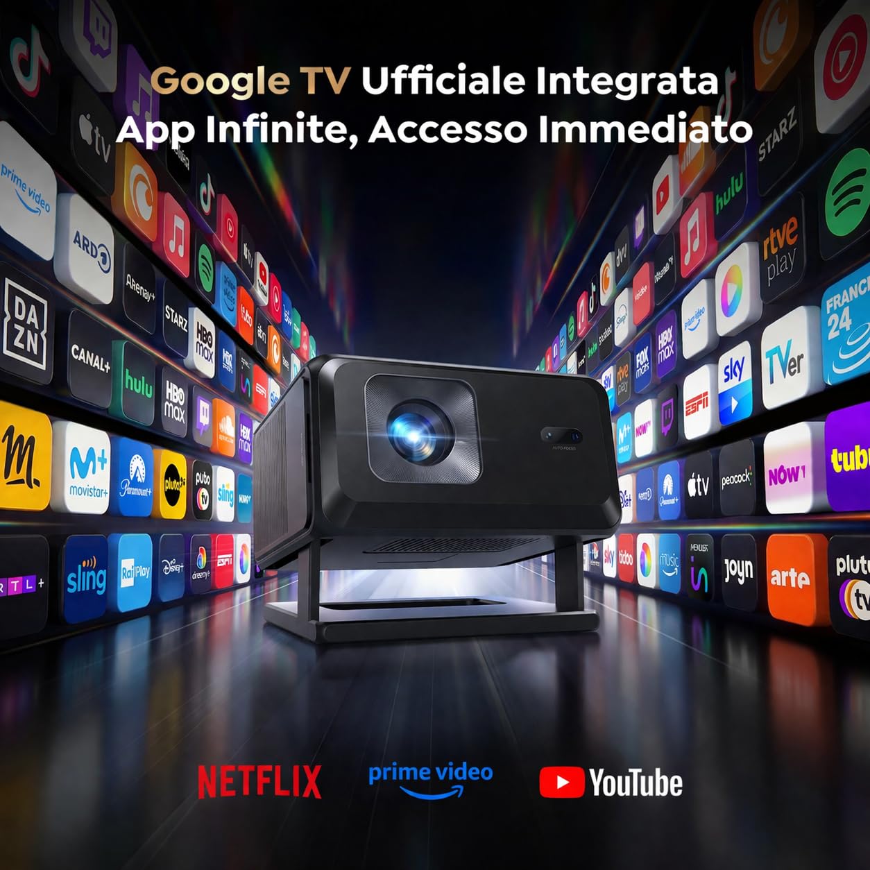 Proiettore 4K Google TV Netflix Auto Focus 6D Keystone Corta Focale WiFi Bluetooth Home Cinema