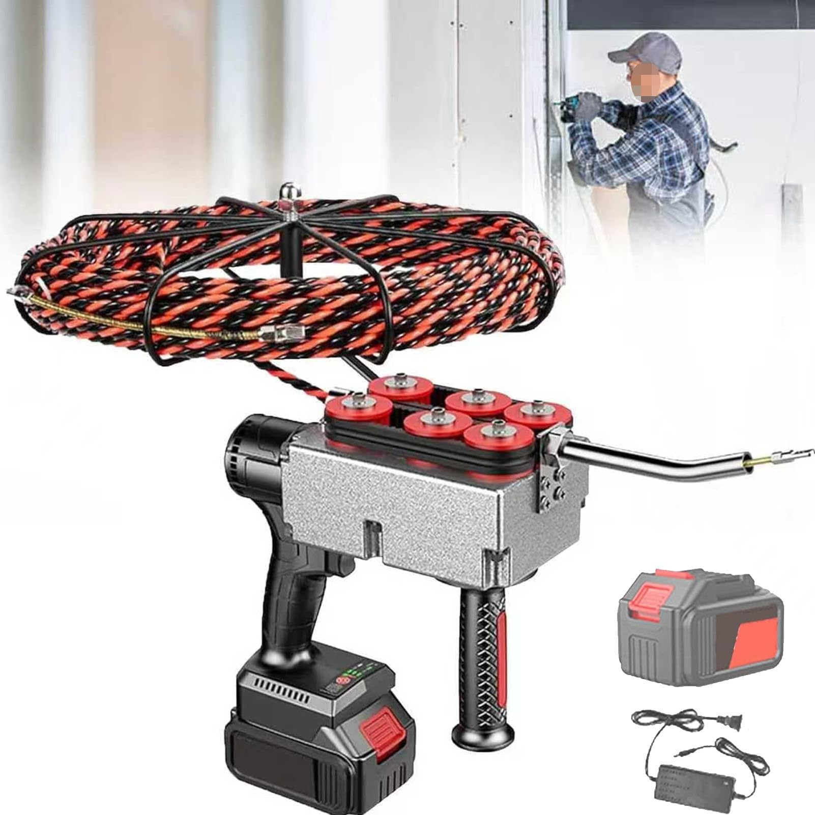 Pnpaea Electric Cable Wire Threader,Hydroelectric Electrical Drill Wire Puller, Portable Threading Tools,for Construction and Hydropower Projects,for Home Electrical 15MeterLeadWire-1battery(15cells)