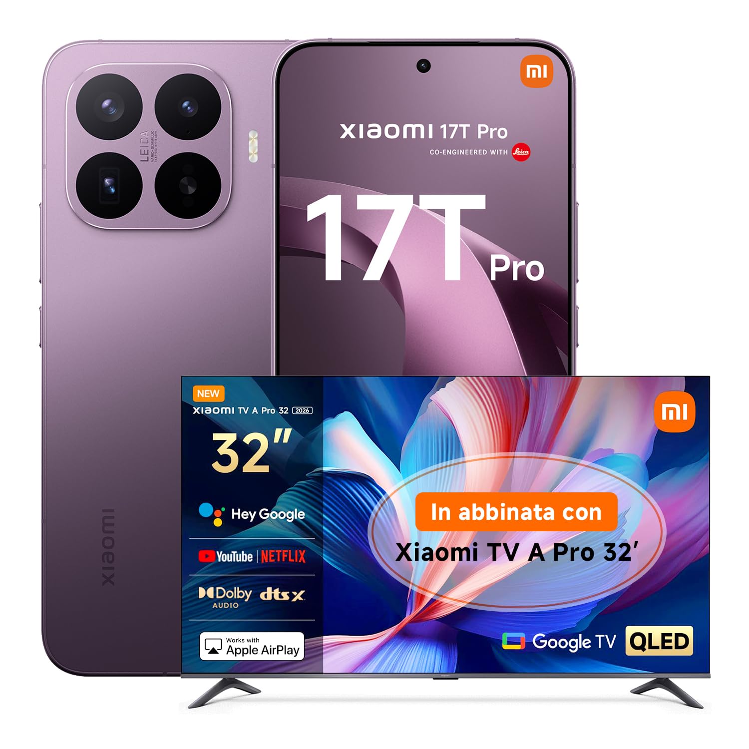 XIAOMI 17T Pro, Smartphone 12+512GB, Display Eye-Care 6,83" 144Hz, Batteria Silicio-carbonio da 7000mAh (typ), Teleobiettivo Leica 5x, 100W HyperCharge, Deep Violet, Garanzia 3 anni TV A PRO 32