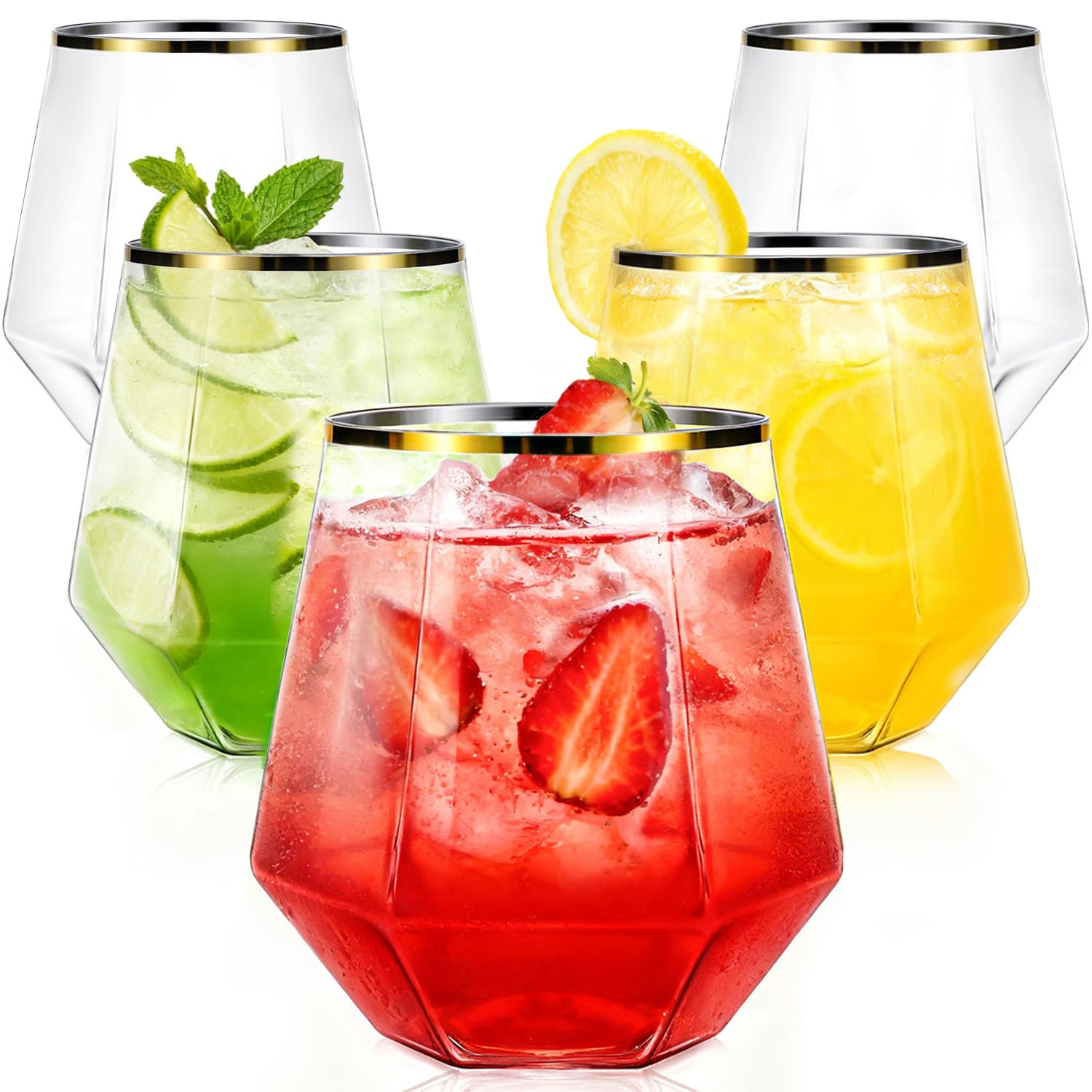 Maaacute 40 Pcak Plastic Stemless Wine cocktail Whiskey Champagne Glasses 12 Oz Gold Rim Disposable Clear Unbreakable Cups