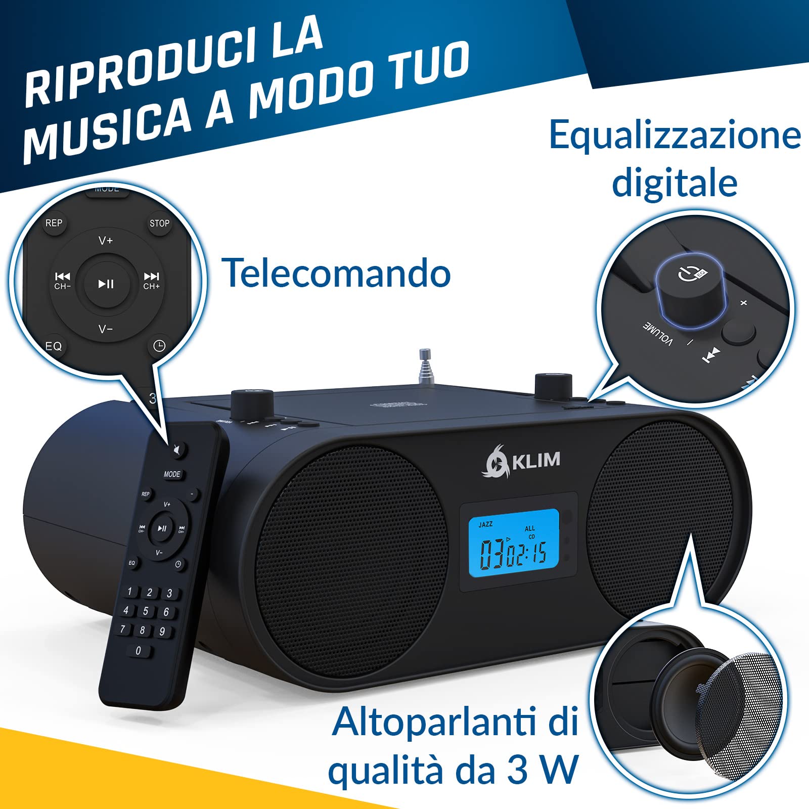 KLIM Lettore CD Stereo Boombox B4 + AM/FM Radio con Lettore CD e USB, Bluetooth, AUX + Stereo casa + Filo o Wireless + Batteria ricaricabile, Telecomando, Standby automatico, EQ Digitale + NUOVO