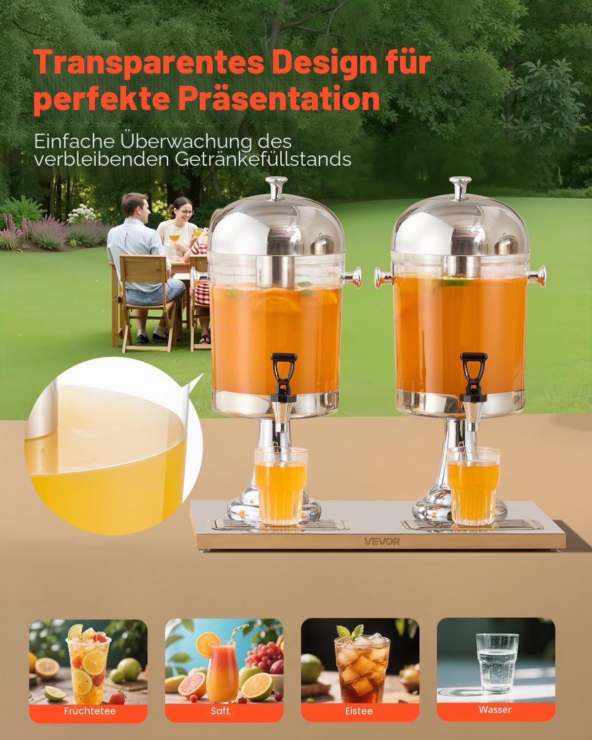 VEVOR Getränkespender (2 x 8 L) für Partys Saftspender (aus Edelstahl + Polycarbonat) mit tropfsicherem Zapfhahn & Sockel Wasserspender für Restaurants Partys, selbstgemachte Getränke Spender