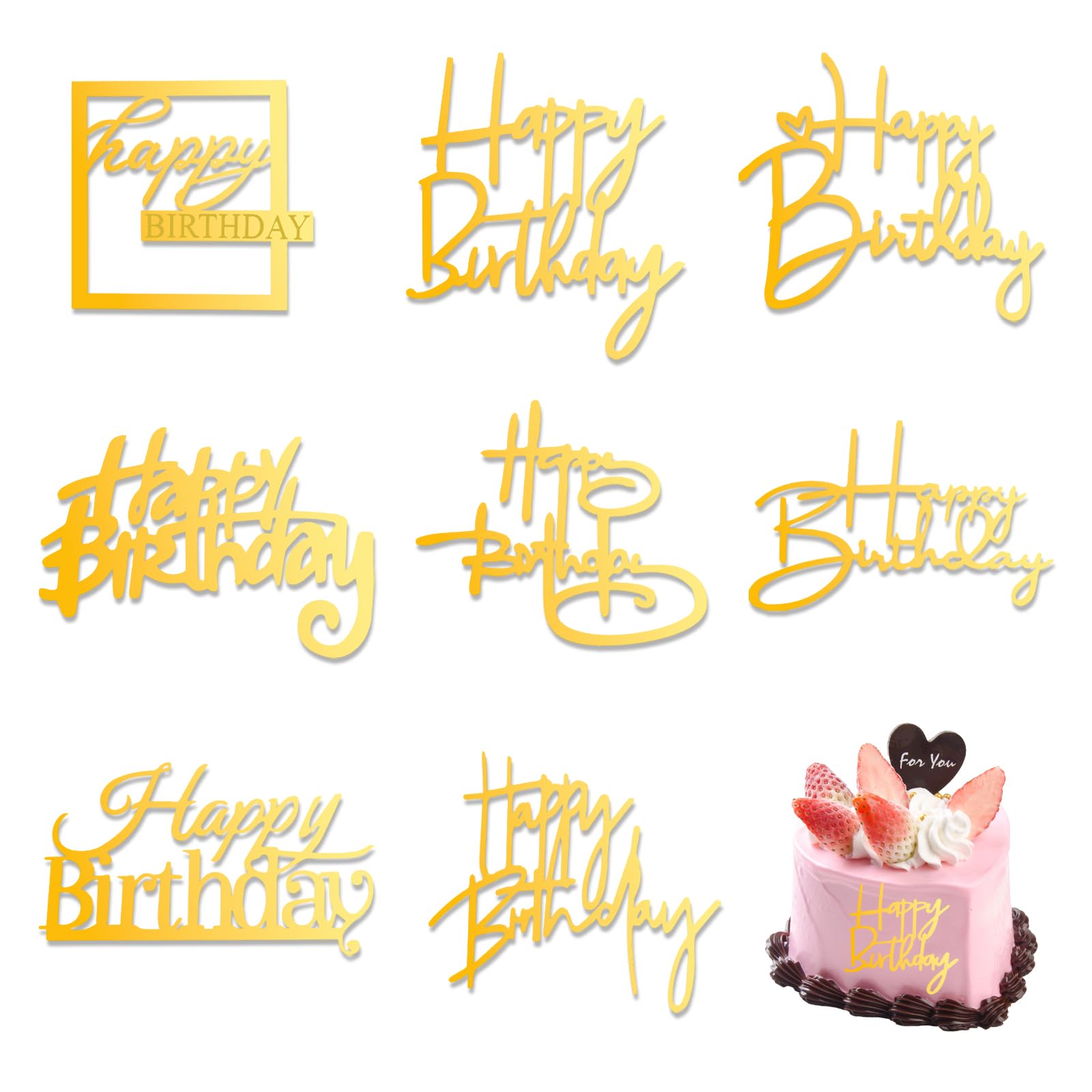 8 Pack Acrylic Gold Happy Birthday Cake Toppers, Glitter Letters Cupcake Toppers Cake Decorating Supplies, Reusable Happy Birthday Sign for Birthdays