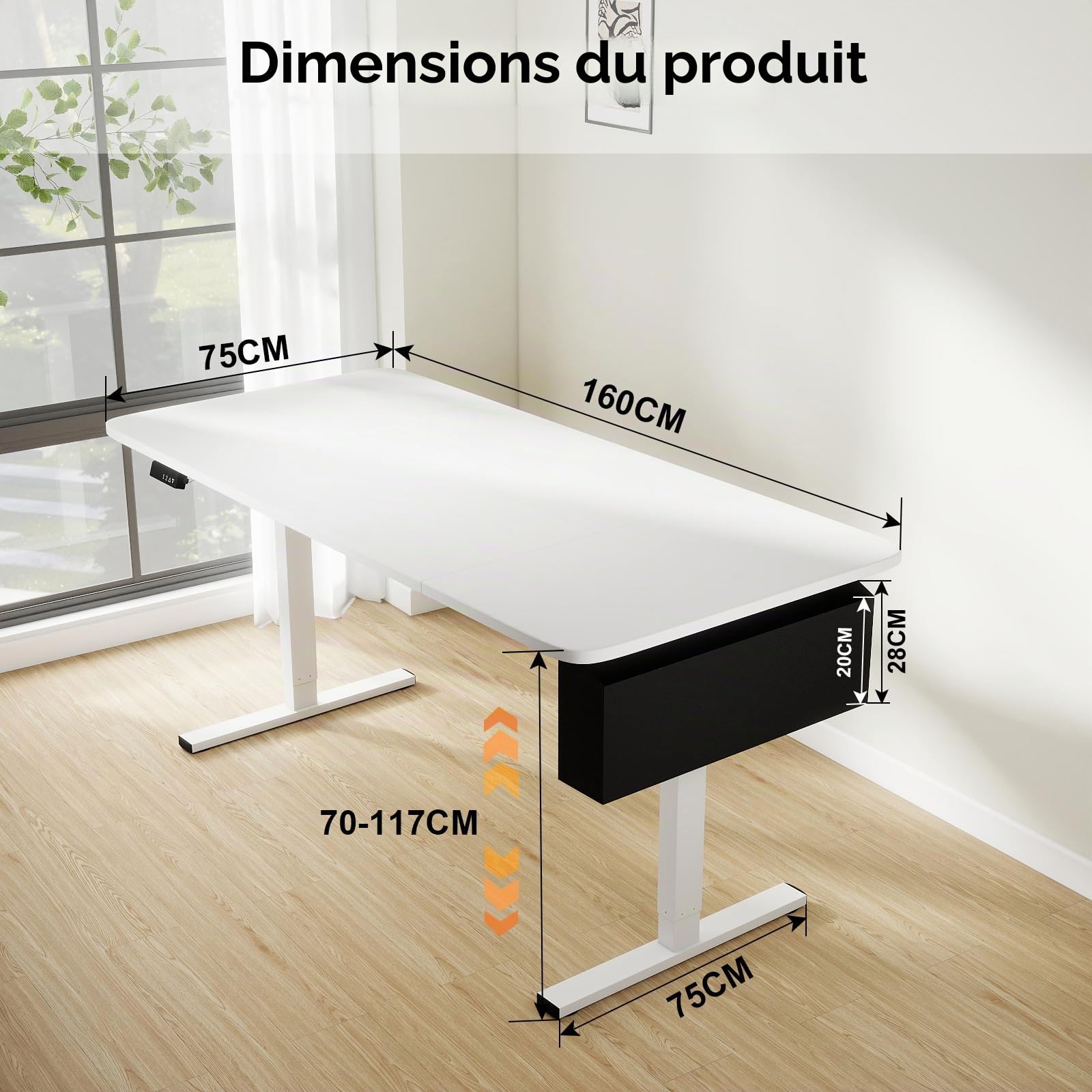 Bureau Électrique Réglable en Hauteur, 160 x 80cm, Bureau Assis Debout avec Mémoire Contrôle et Port USB, Bureau Ergonomique, Panneau Intelligent, avec Crochet et Sac de Rangement, Blanc
