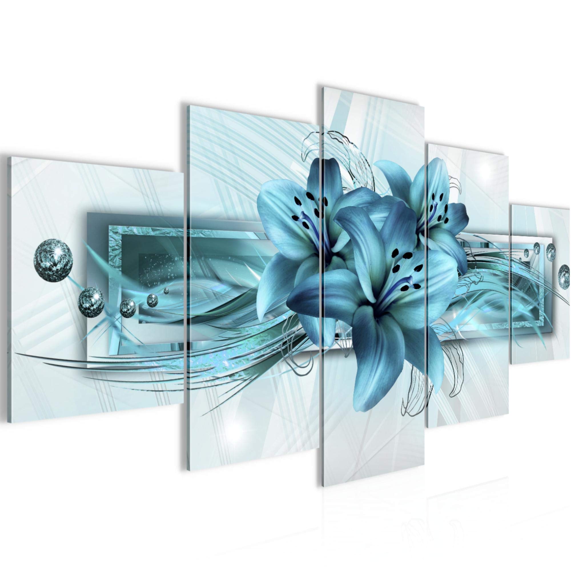 Runa Art - Tableau Lis Fleurs 200 x 100 cm 5 Parties XXL Decoration Murale Dessin Turquoise 008751a