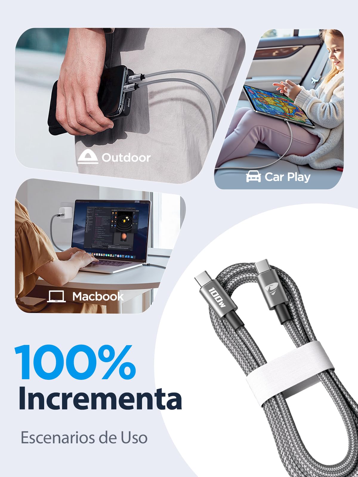 Aioneus Cable USB C 100W, 2M Cable USBC Carga Rapida QC Cable USB C a USB C Trenzado Nylon Cable Tipo C Cargador para iPhone 17 16 15 Pro Max, Samsung S25 S24 Ultra, iPad Pro, MacBook, Pixel etc