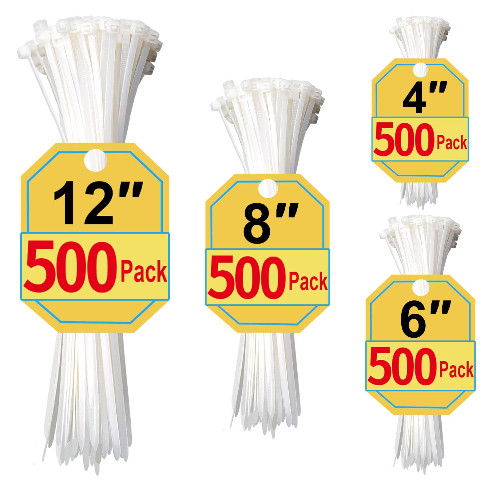 Bridas de cremallera de varios tamaños (4 + 6 + 8 + 12 pulgadas), paquete de 2000, bridas blancas, bridas de alambre resistentes a los rayos UV SiKuLin