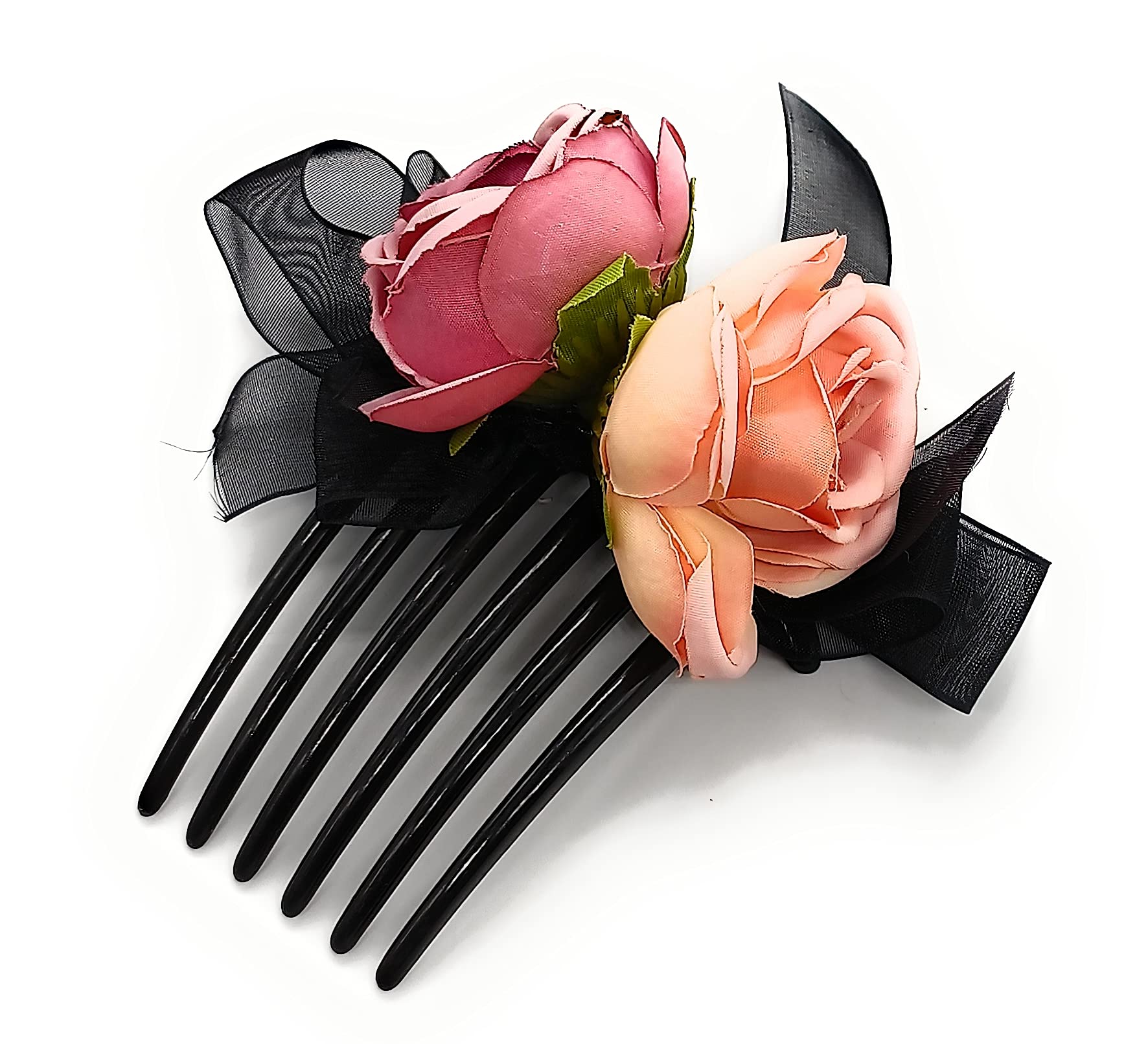Fairytale Elegant Satin Rose Flower Ribbon Bow Hair Comb Hair Clip Hair Crab Holder for Girls and Women's (Pink & Purple)