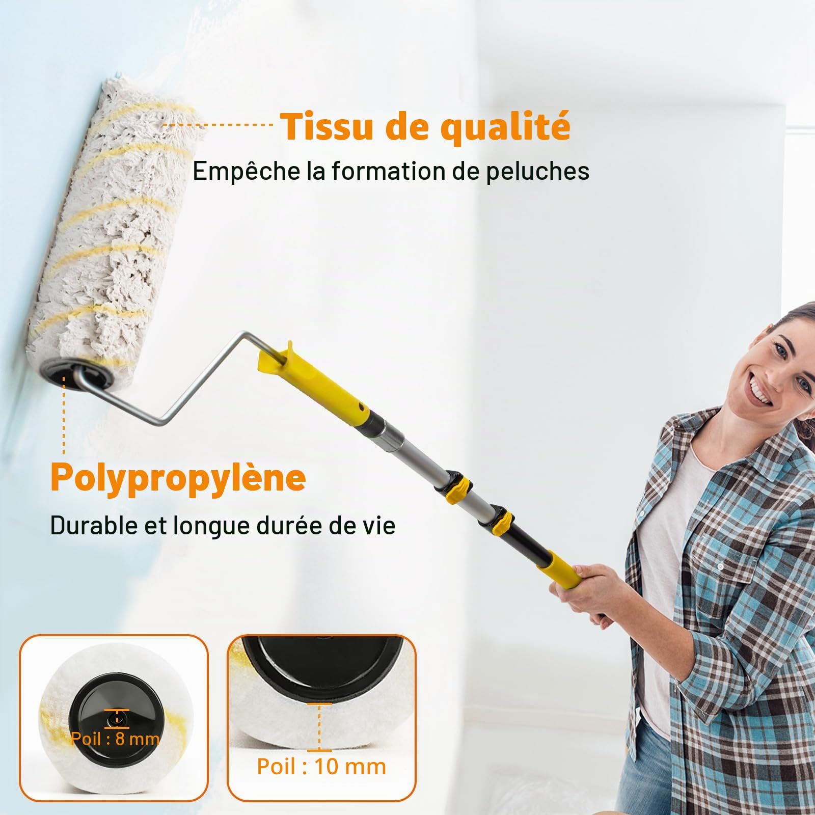 Rouleau de peinture avec poignée télescopique, tige télescopique en aluminium avec 3 rouleaux de peinture pour projets ménagers de peinture et de rénovation
