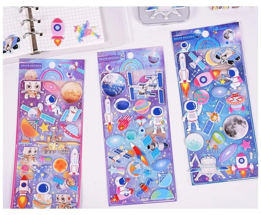 Image of Crackles Kawaii 3D Puffy Stickers for Kids - 3D Craft Book & Scrapbook Stickers, Self-Adhesive, Cute for Girls and Boys (Astronaut Theme) (Pack of 12)