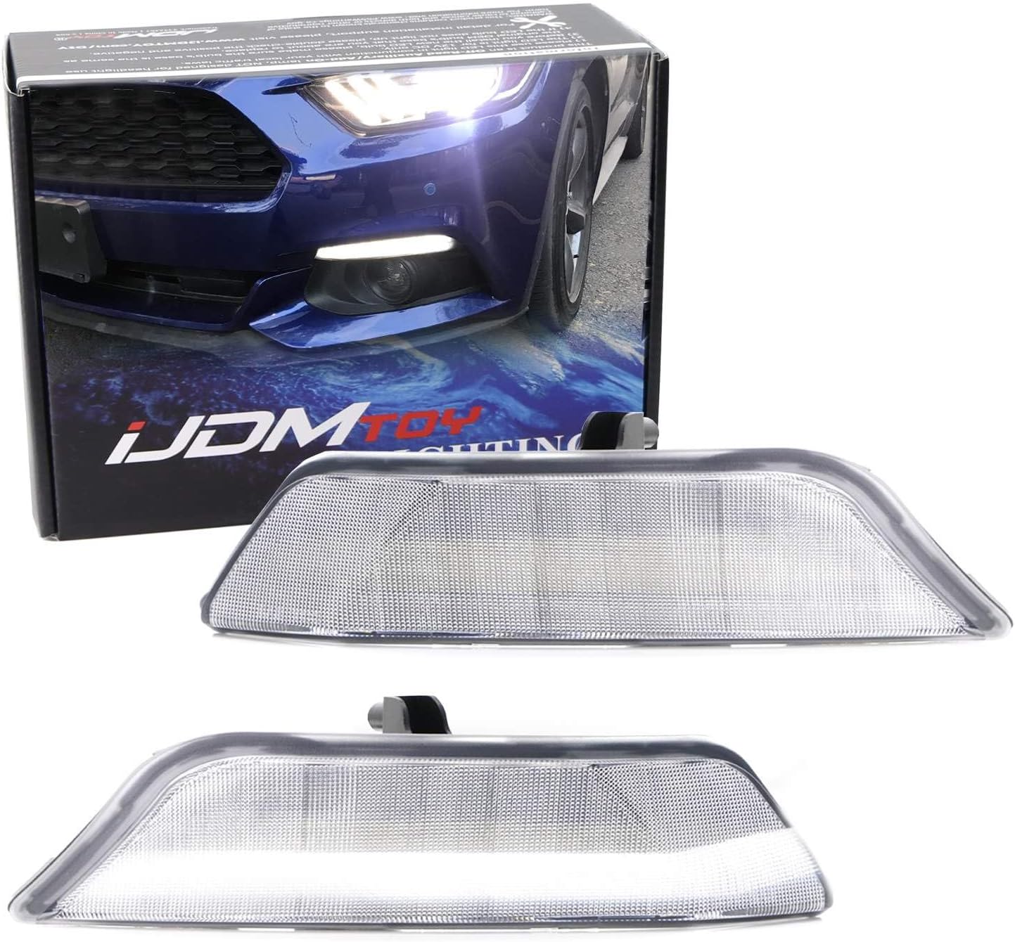 iJDMTOY OEM Turn Signal Lamp Replace LED Daytime Running Light Kit Compatible with 2015-2017 Ford Mustang (Xenon White LED DRL w/Amber Sequential Blink Turn Signal Feature), Clear Lens