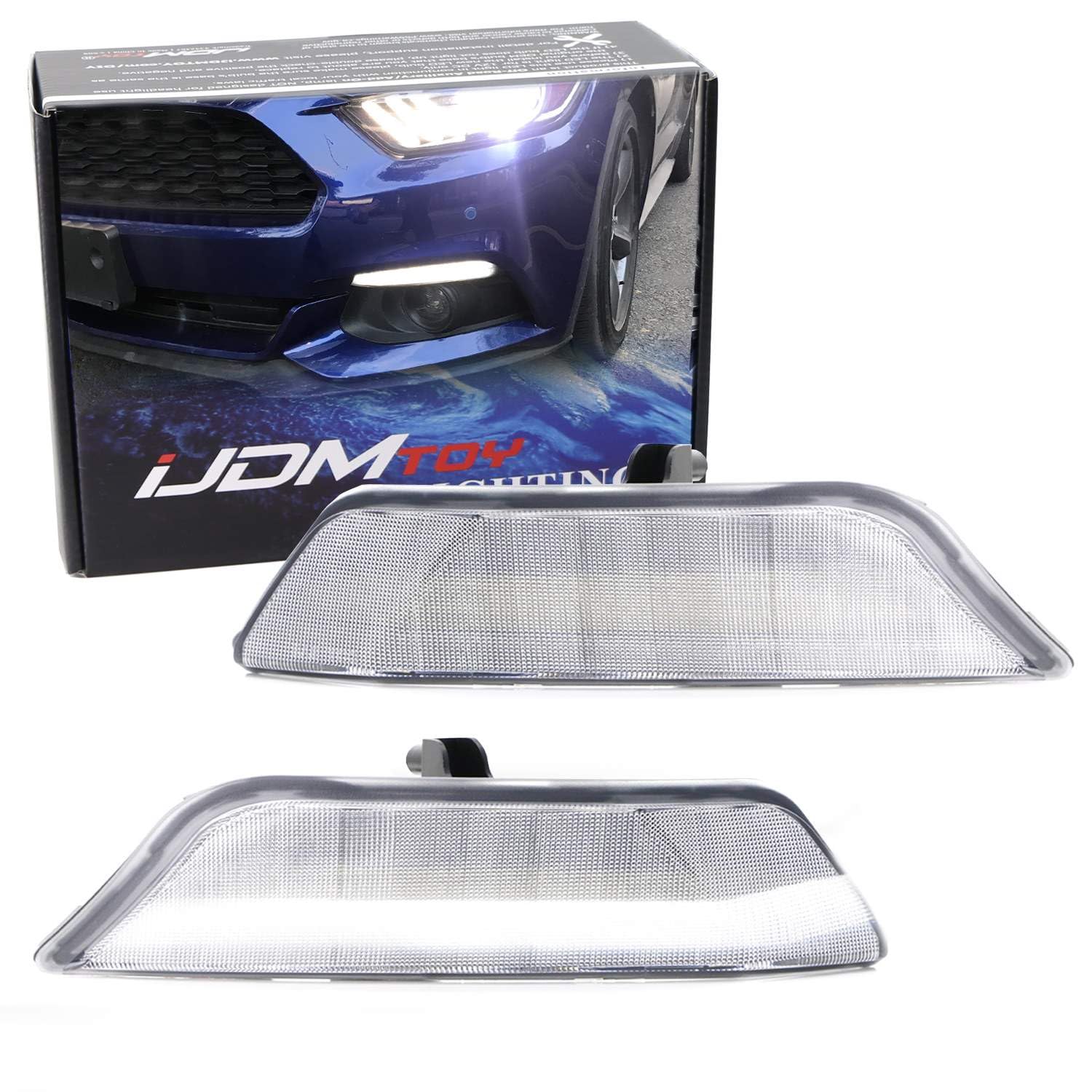 iJDMTOY OEM Turn Signal Lamp Replace LED Daytime Running Light Kit Compatible with 2015-2017 Ford Mustang (Xenon White LED DRL w/Amber Sequential Blink Turn Signal Feature), Clear Lens