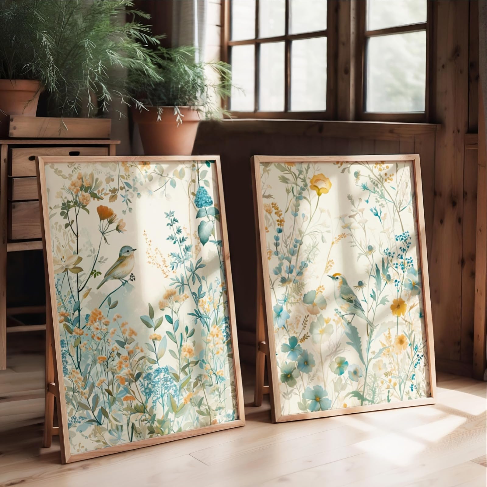 ZBELLO 2pcs/set Canvas Posters, Birds, Wildflower Prints, Modern Art, Nature & Lifestyle, Modern Ideal Home Wall Decor Gift (40x60cm,A)